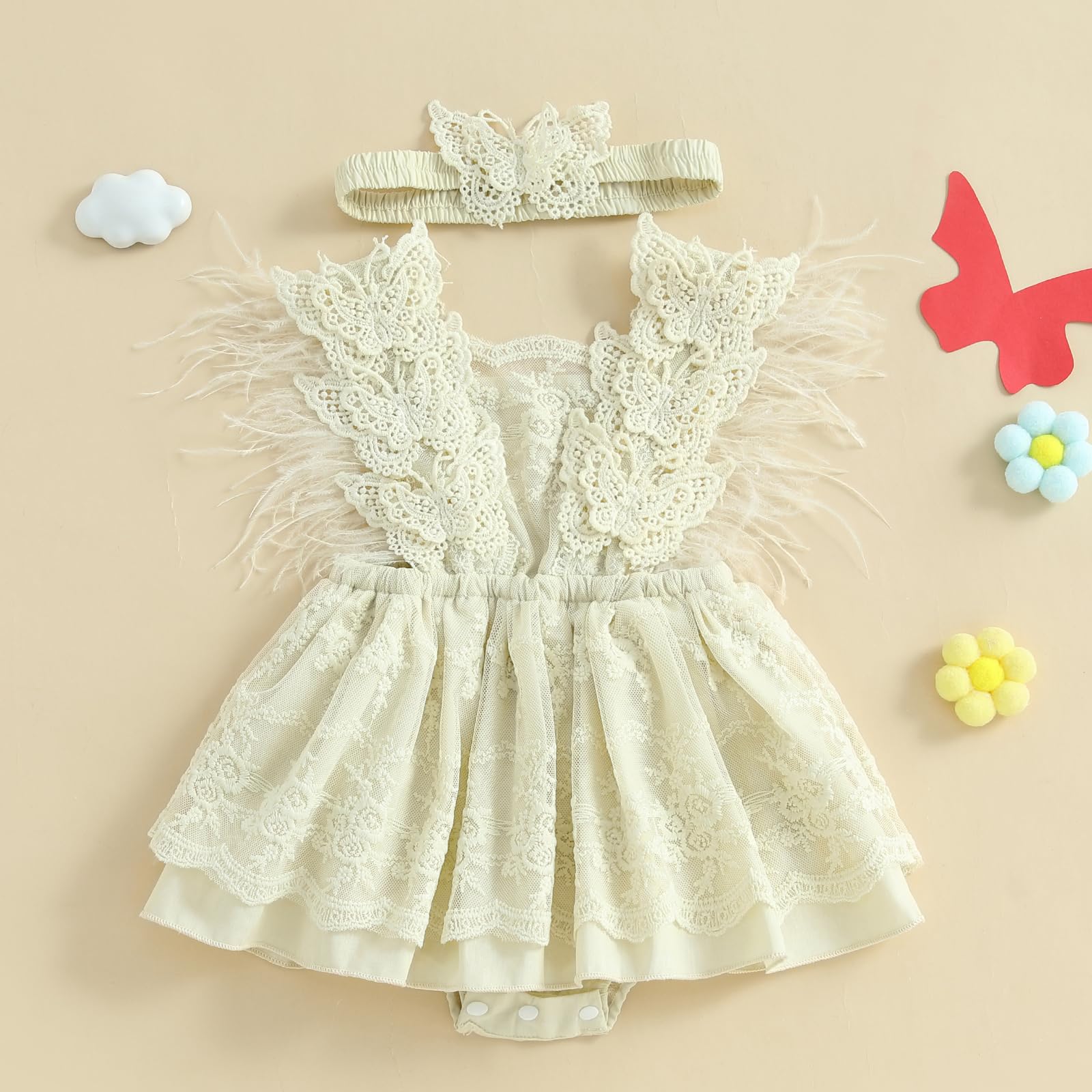 Newborn Baby Girl Romper Summer Dress Princess Wedding Dress Floral Lace Mesh Infant Jumpsuit Tulle Dress (Apricot, 18-24 Months)
