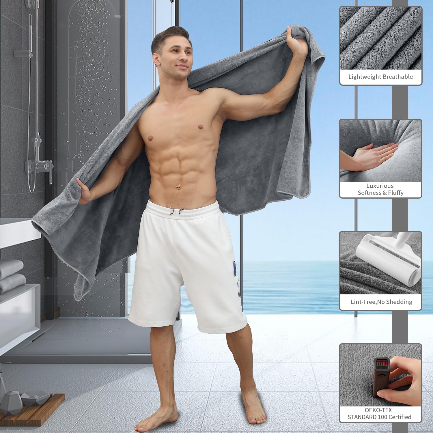 Lot de 4 draps de Bain Extra Larges (88,9 x 177,8 cm) – Serviette de Bain surdimensionnée Ultra Douce pour Salle de Bain et hôtel, Peluche très absorbante à séchage Rapide, pour Adultes, Gris
