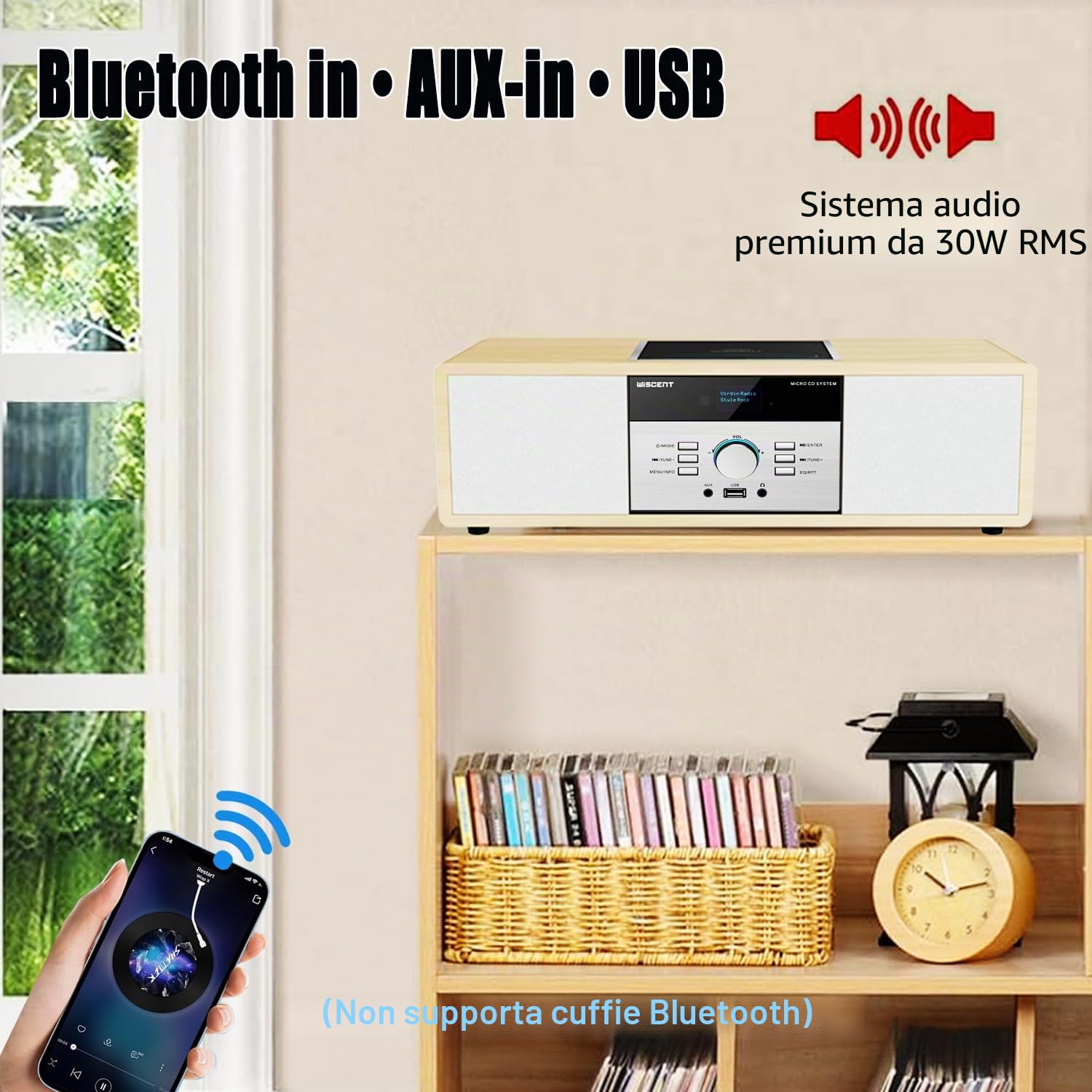 Impianto Stereo Casa Hi-Fi Radio DAB+ Lettore CD Bluetooth 5.0 FM USB 30W Design Retro Legno