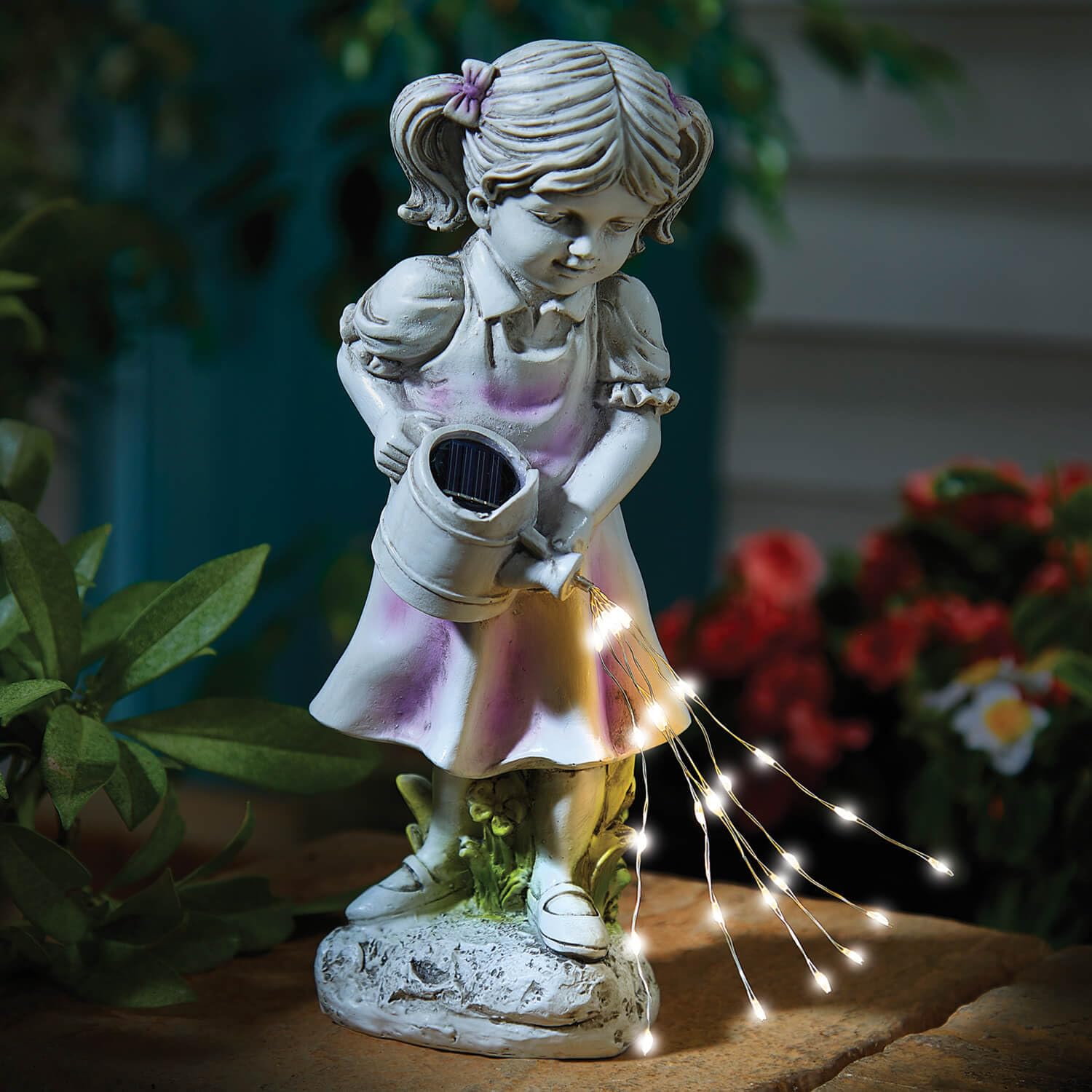 Coopers of Stortford Solar Power Girl Ornament with Waterfall Watering Can White LEDs Garden Patio No Cable Decoration