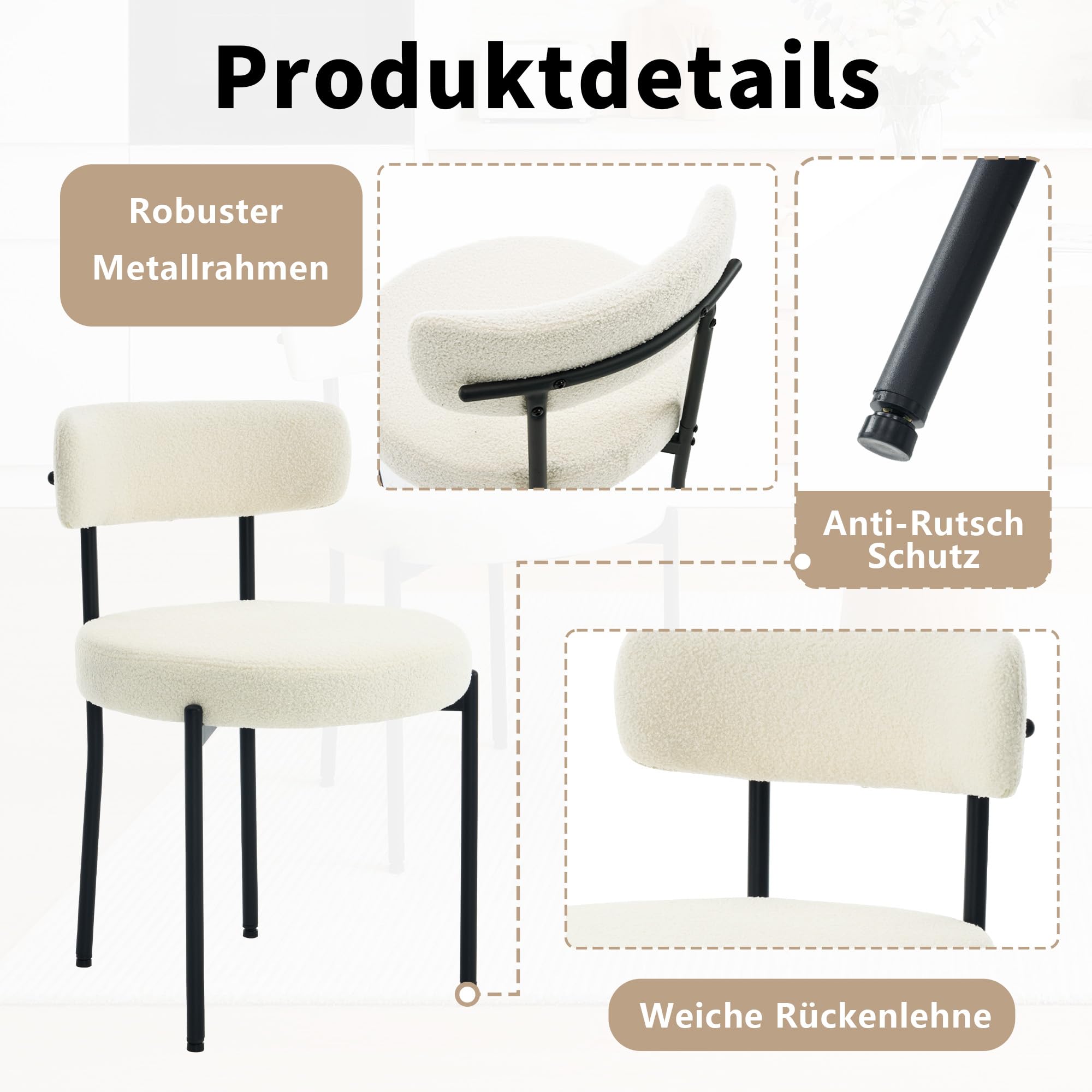 Mid-Century Modern Teddy Fleece Esszimmerstühle 4er Set mit gebogener Rückenlehne, Metallbeinen, Schminktisch-Stuhl, Gepolsterte Küchenstühle für Esszimmer, Restaurant, Weiß
