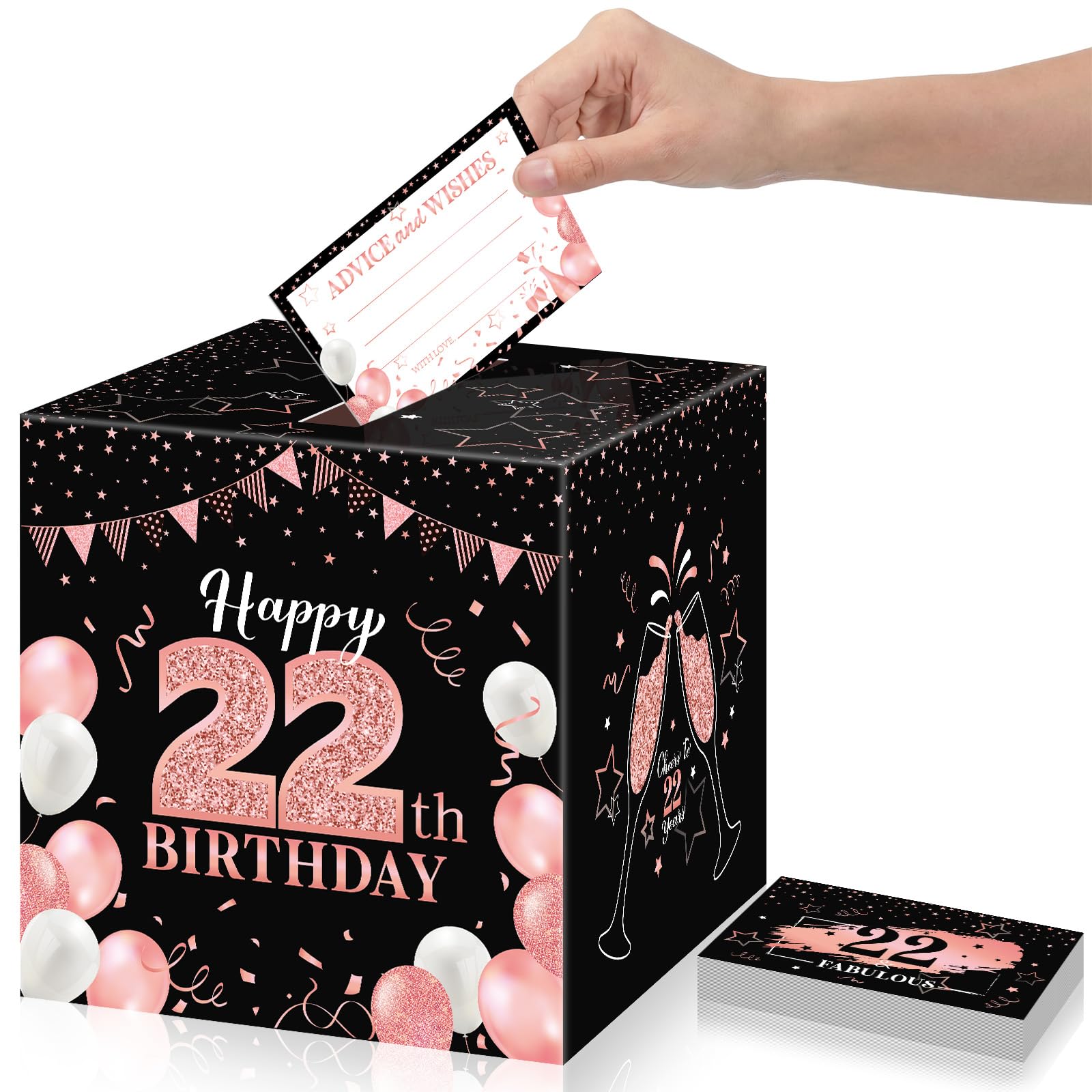Funrous 22nd Birthday Party Message Card Box Cheers to 22 Years Black Rose Gold Advice and Wishes Greeting Card Box for Men Women Birthday Decorations Party Supplies Anniversary Tables Sign Decor