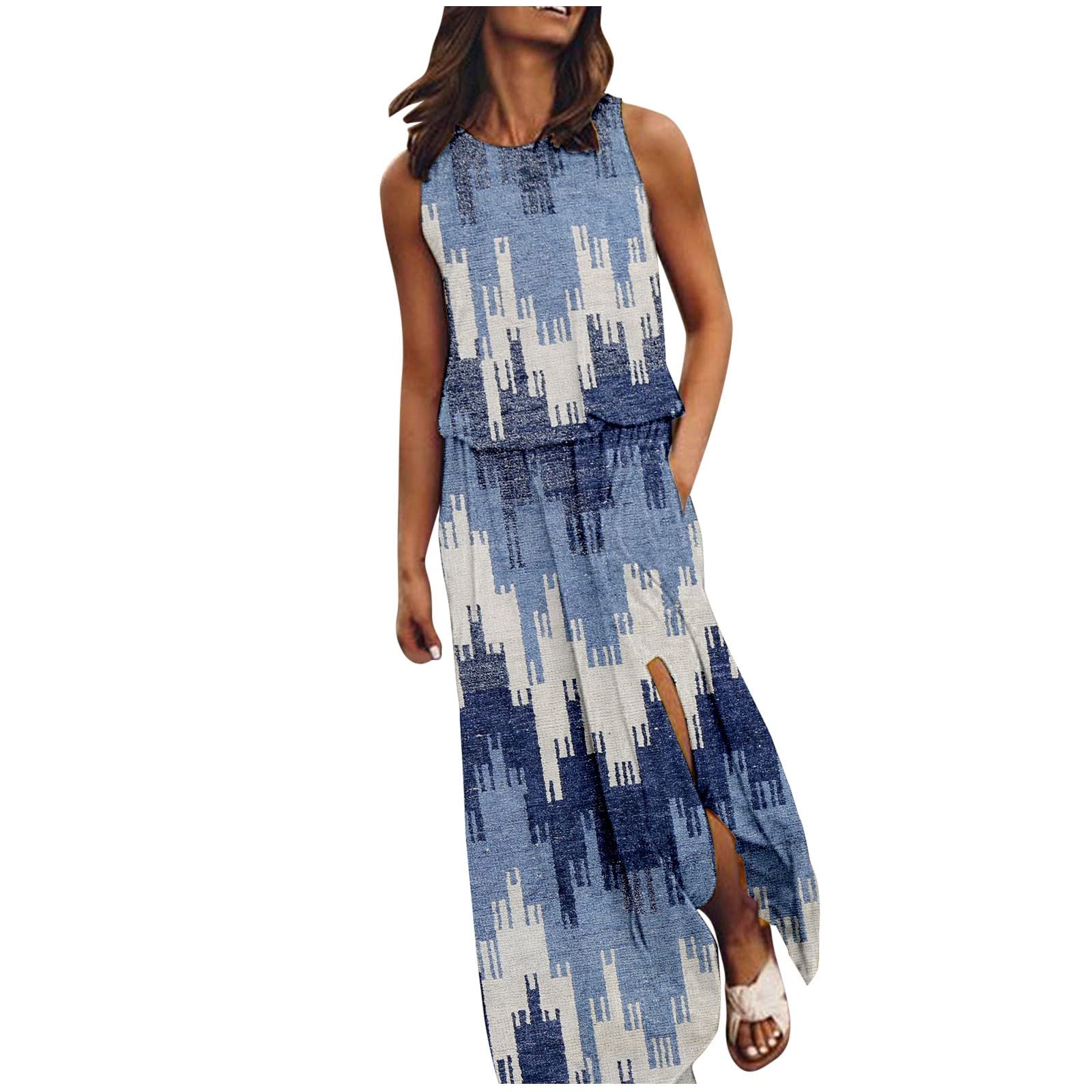 Evening Dresses for Women UK Prime Clearance Ladies Sleeveless Cotton Dresses Floral Print Maxi Dress Floral Print Tank Dress Ladies Summer Shift Dress Swing Dresses Gift Holiday Celebrations