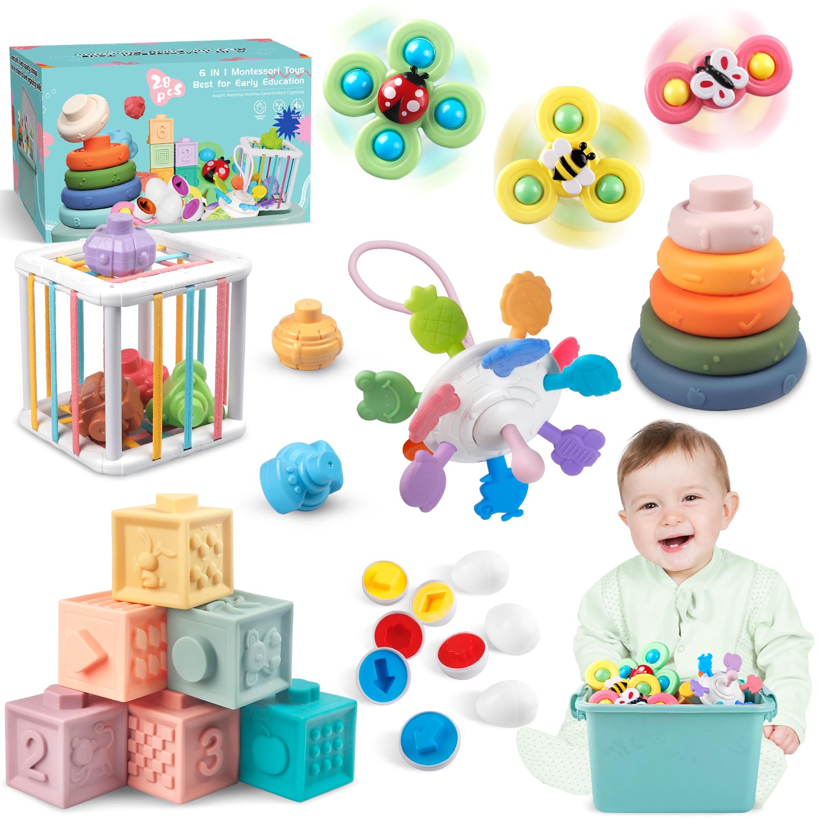 Plunack Montessori Giocattolo per Bambini 18 Mesi a 3 Anni, 6 in 1 Neonato Giocattoli Sensoriale, Blocchi e Anelli impilabili, Regalo di Compleanno per Bambini