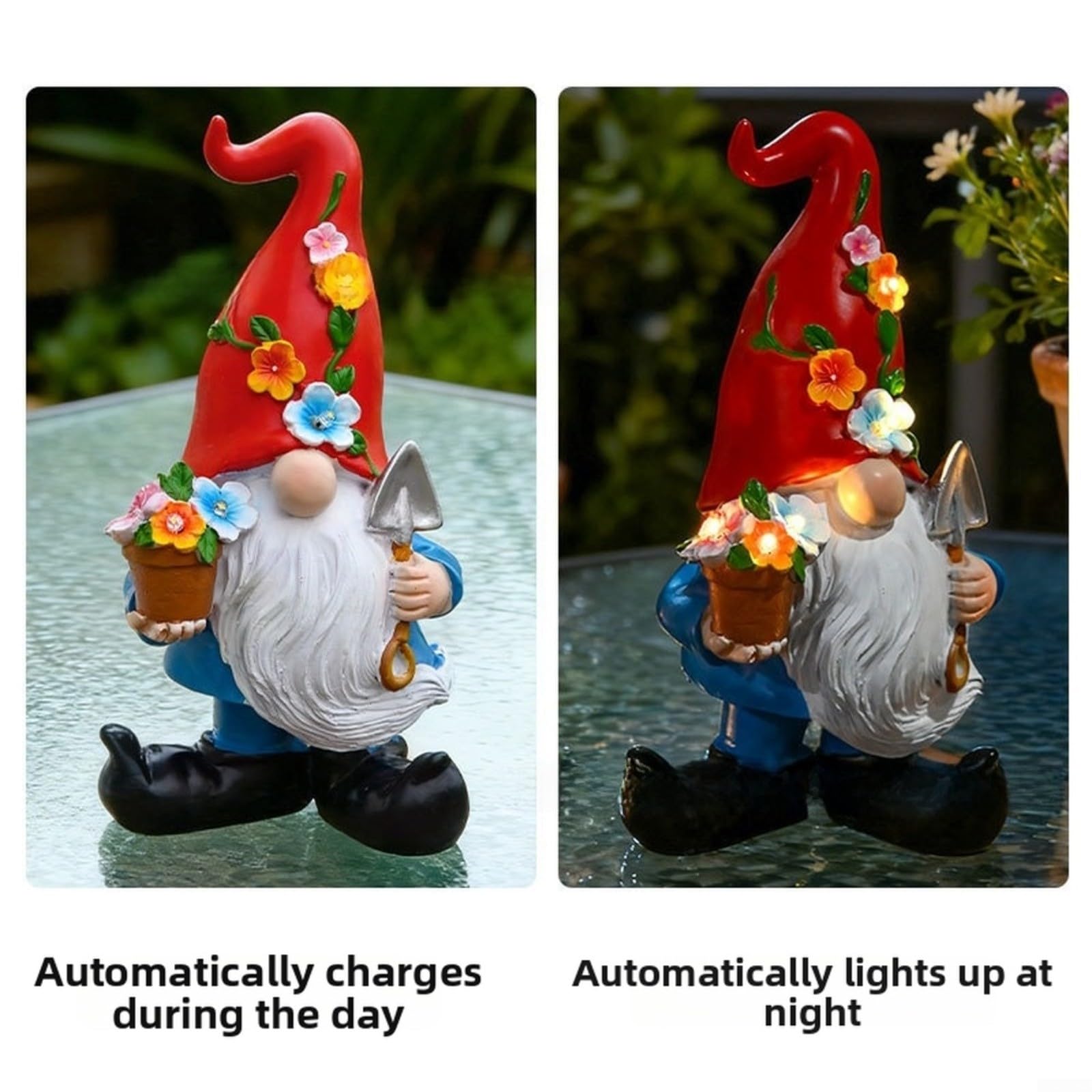 Figura da giardino in resina a energia solare, ornamento da esterno a LED a luce calda per cortile, prato, patio, decorazione