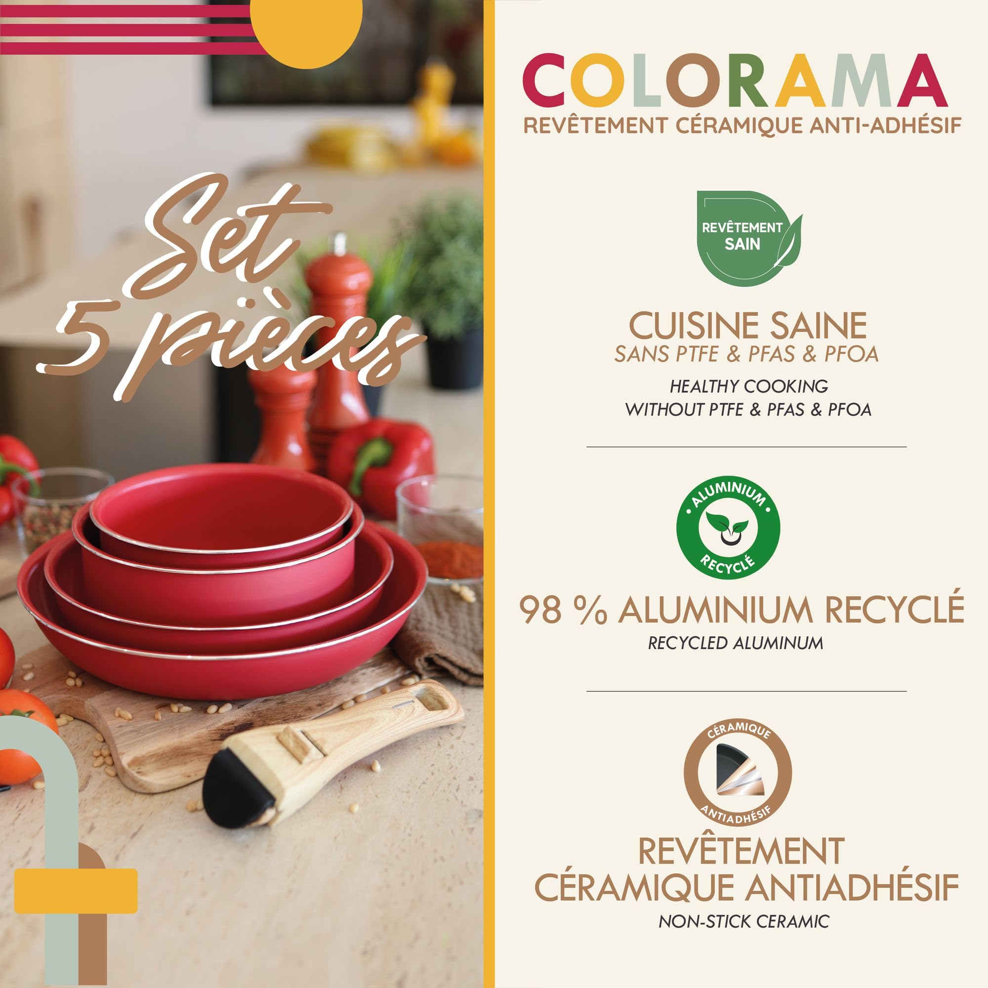 MENASTYL - Utensilios de cocina apilables extraíbles - Apto para todas las fuentes de calor, incluida la inducción, revestimiento cerámico antiadherente sin PFAS - Gama Colorama - Color magenta - 2