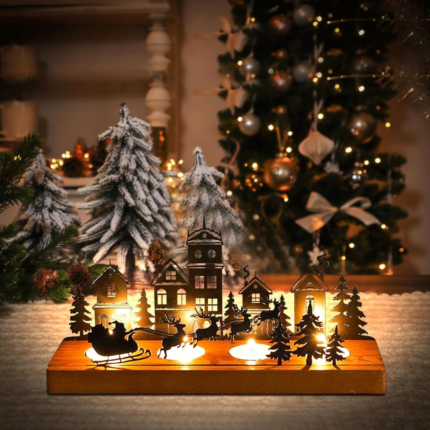 Unique Black Wooden and Iron Christmas Candle Holder Taper Candle Holders Decorative Candelabra for Patio Dining Table Desk Party 18.5cmx8cmx12.5cm 28cmx8cmx12.5cm Perfect Holiday Decor Spring Decor