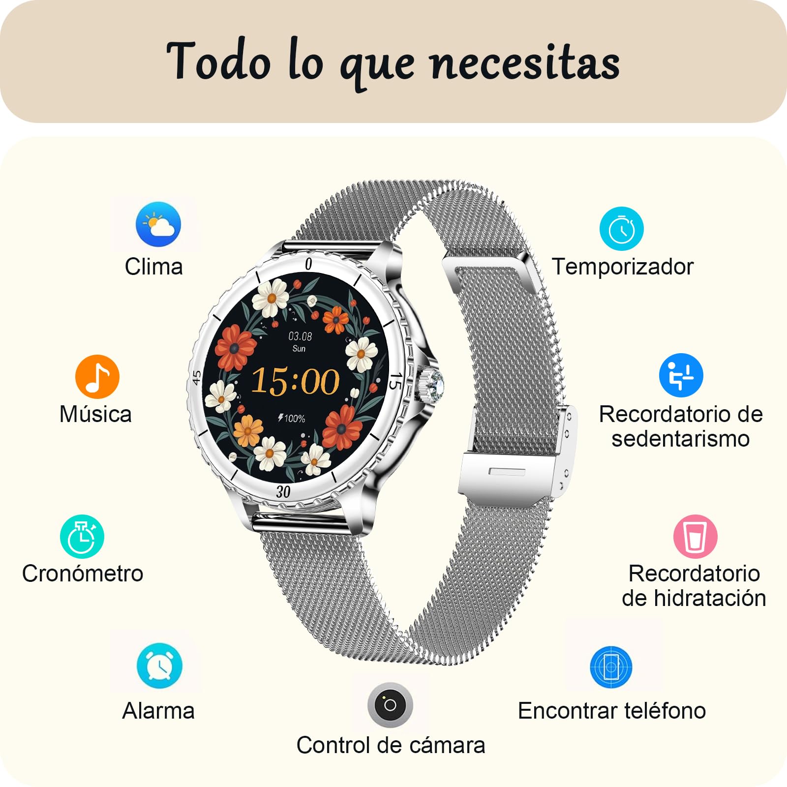 Reloj Inteligente Mujer con Llamadas, 1.27” HD Smartwatch Redondo | 120+ Modos Deportivos, Pulsómetro, SpO2, Monitor de Sueño, Rastreador de Actividad, IP68, Android iOS, 2 Correas, Plata
