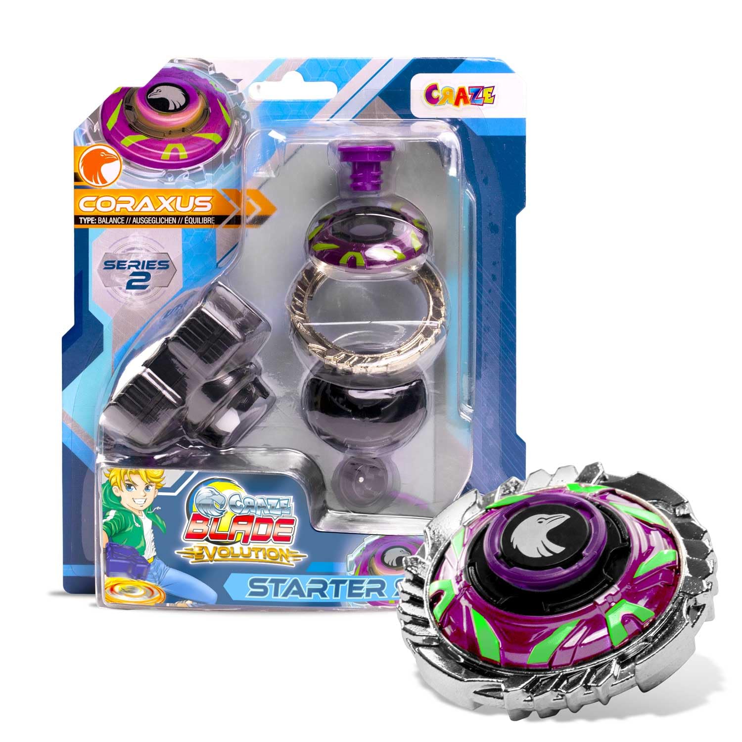 CRAZE Blade Starter Set Series 2 Coraxus - Battle Top with Launcher, Spinning Tops for Kids, Multicolor