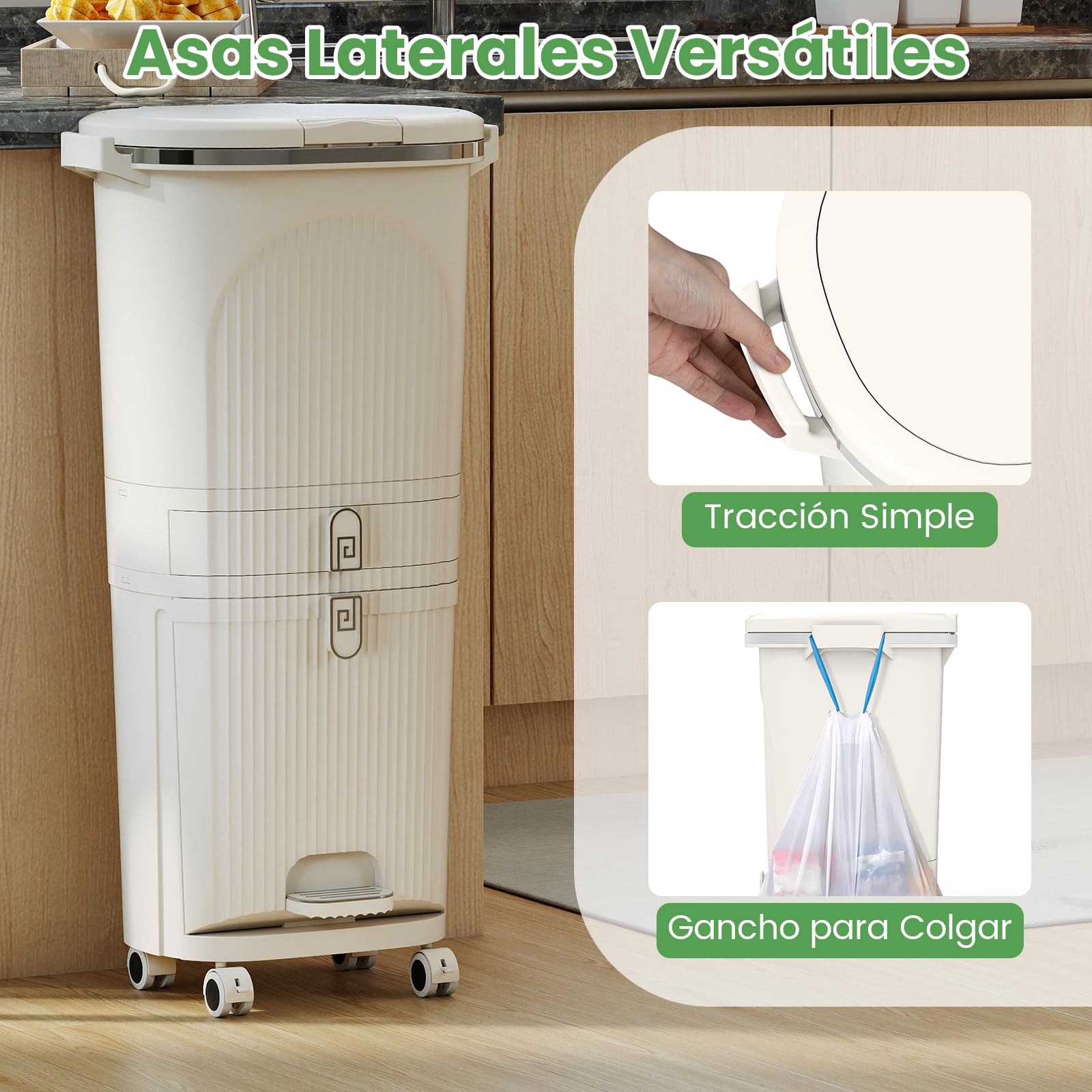 COSTWAY Cubo de Basura Cocina Reciclaje de 42L, Papelera de Reciclaje con 4 Compartimentos, 2 Cubos Extraíbles, Cajón, Pedal y Ruedas, Contenedor de Residuos para Cocina, 43 x 29 x 82.5 cm (Beige)