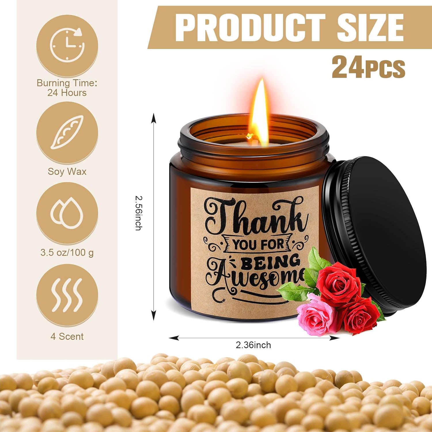 MTLEE 24 Pack Thank You Candles Bulk 3.5 oz Soy Wax Scented Appreciation Candles Employee Coworker Staff Team Volunteer Teacher Nurse Gifts