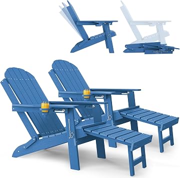 YEFU Adirondack Chairs with Footrest Set of 2, HDPE Adirondack Chair, Blue
