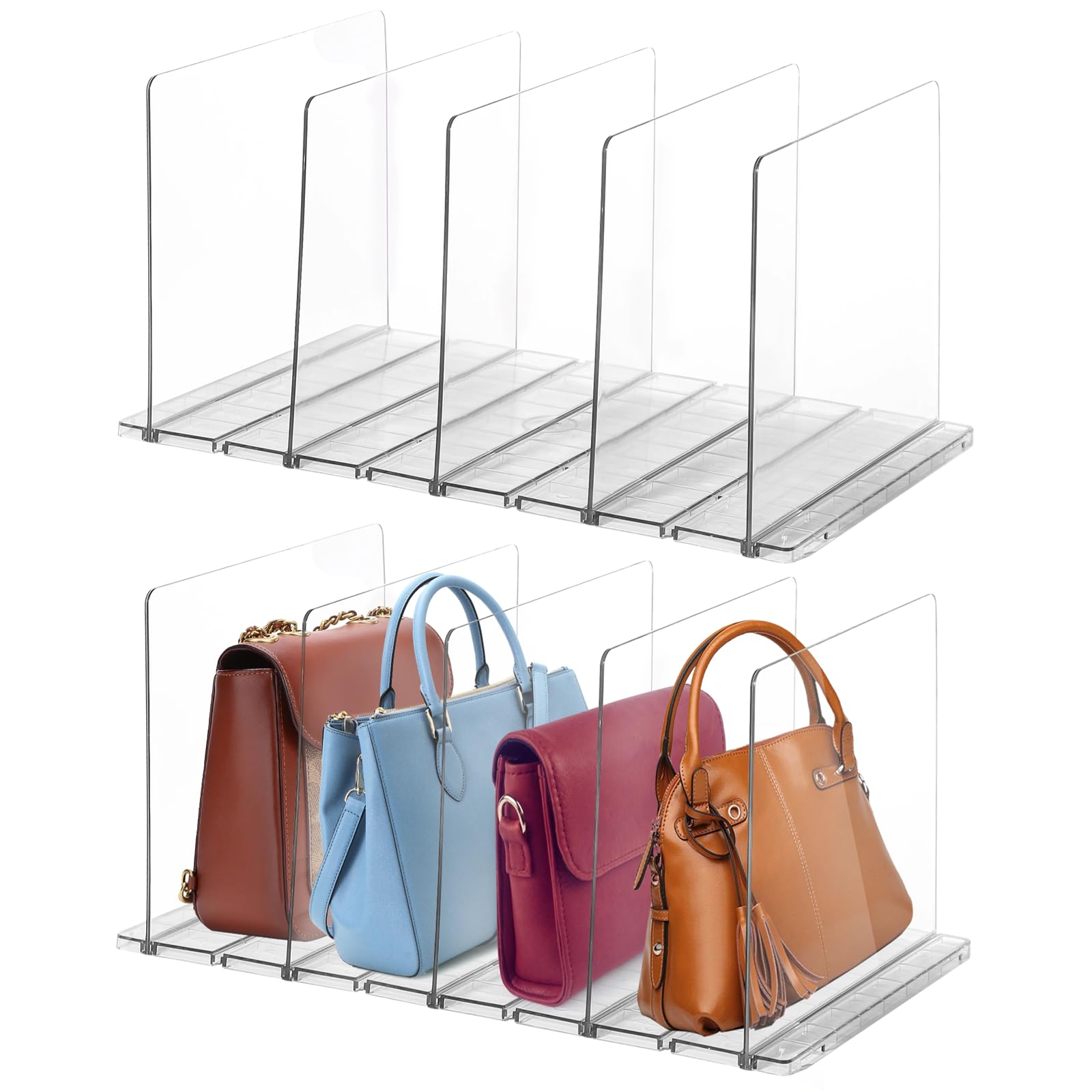 2 Pack Purse Divider Organizers for Closet, 16.3'' x 7.9'' x 6.4'' Adjustable Clear Shelf Dividers for Bags Purses Closet Organization, Handbag Divider Organizer Holders for Bookshelf Bedroom