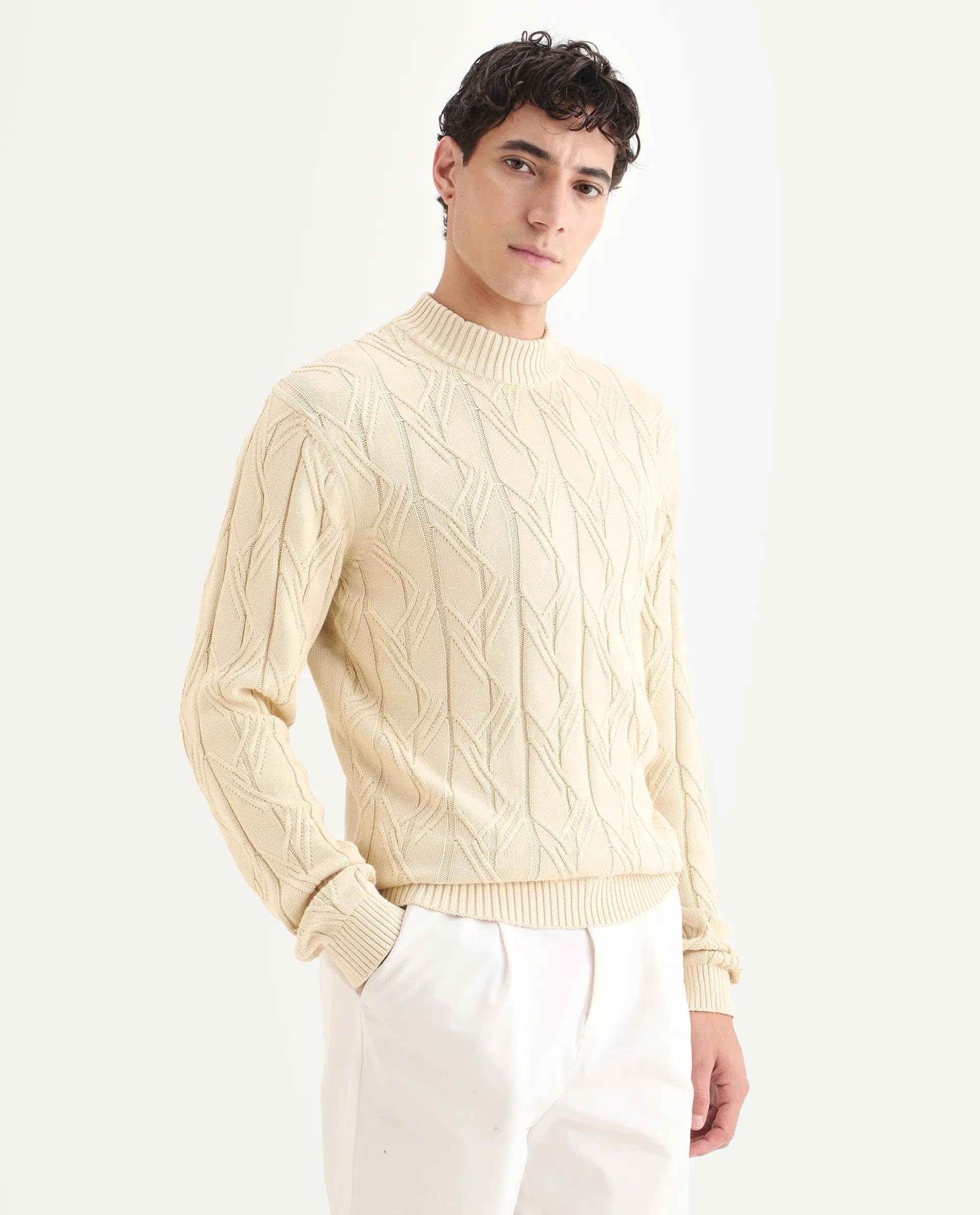 Rare Rabbit Men's Caloz Yellow Cotton Textured Regular Fit Full Sleeve High Neck Sweater 3