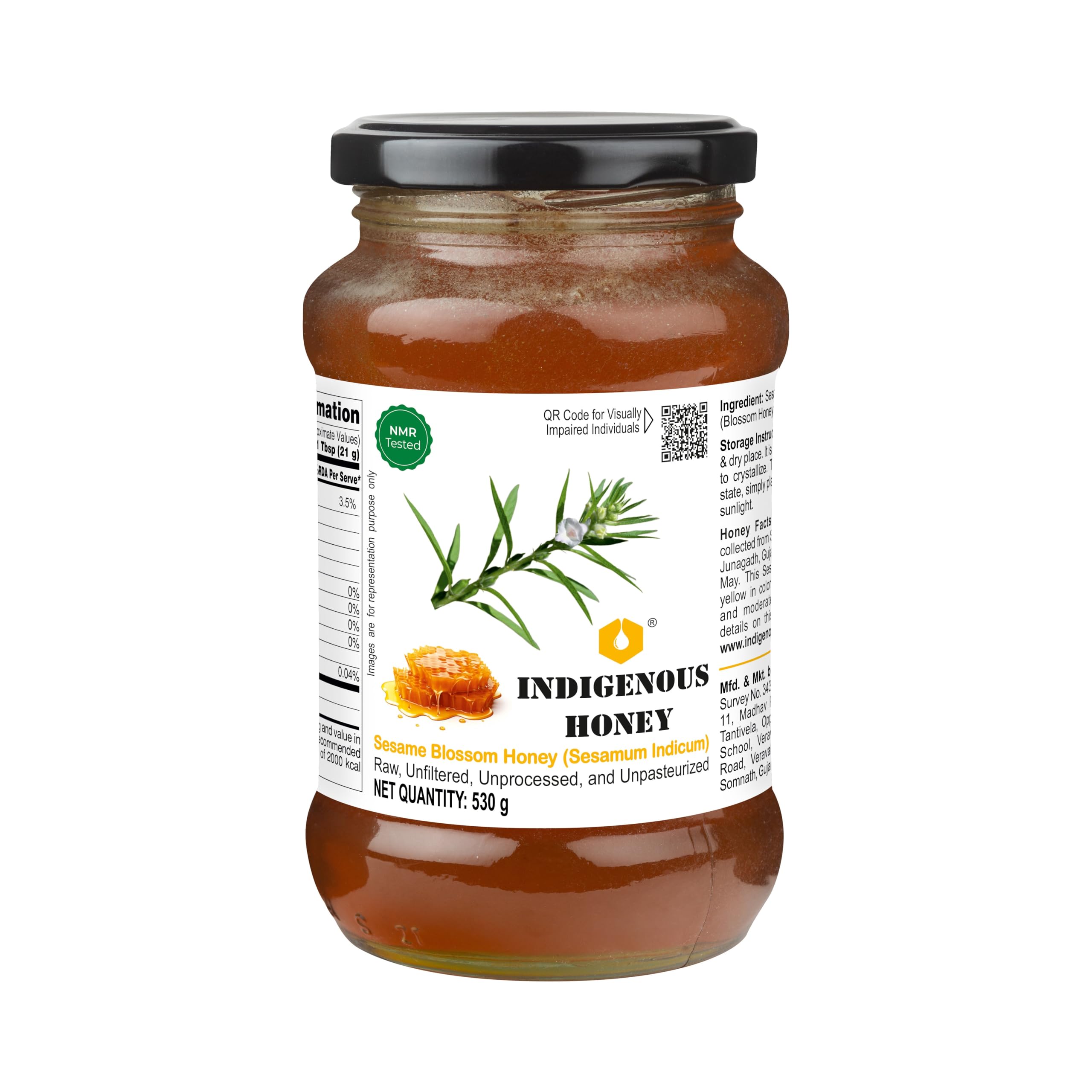 INDIGENOUS HONEY Sesame Til Honey Raw Organic Natural Pure Unprocessed NMR Tested Unpasteurized Unheated 530g Glass Jar Pack of 1