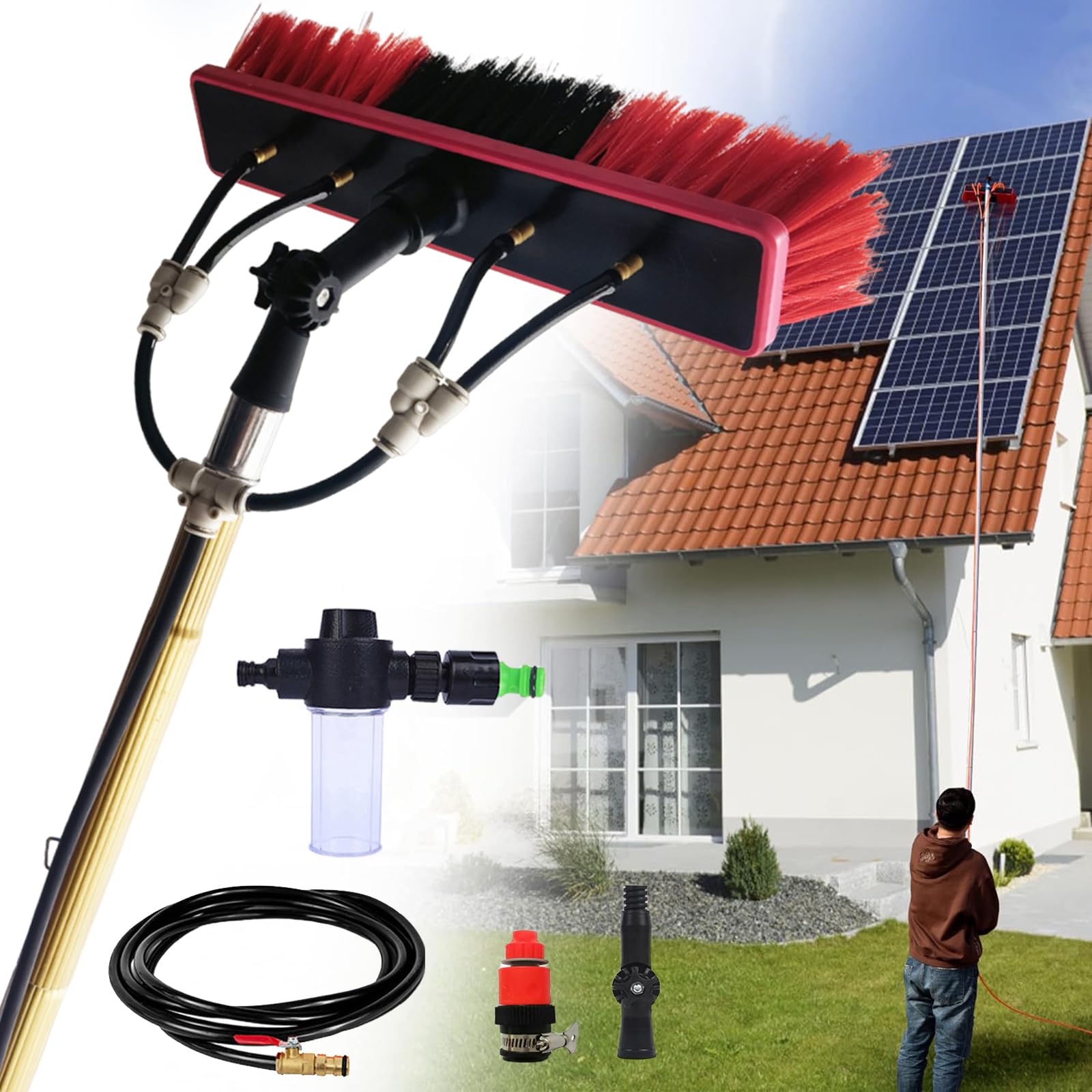 YFSMBD 3-15 meter Window Cleaning Brush, Pole Washing Kit, with Water-fed Brush,Soap Dispenser & 20m Hose,Water Fed Window Cleaning Pole Aluminium, Cleaner for Solar Panels (55cm Brush,3.7m)