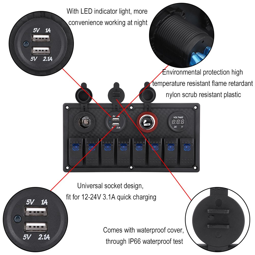 8 Gang Rocker Switch LED Control Panel Dual USB Voltmeter Cigarette Lighter SPST/ON-OFF Universal for all 12V-24V vehicle, yacht, ship, caravan, bus, car