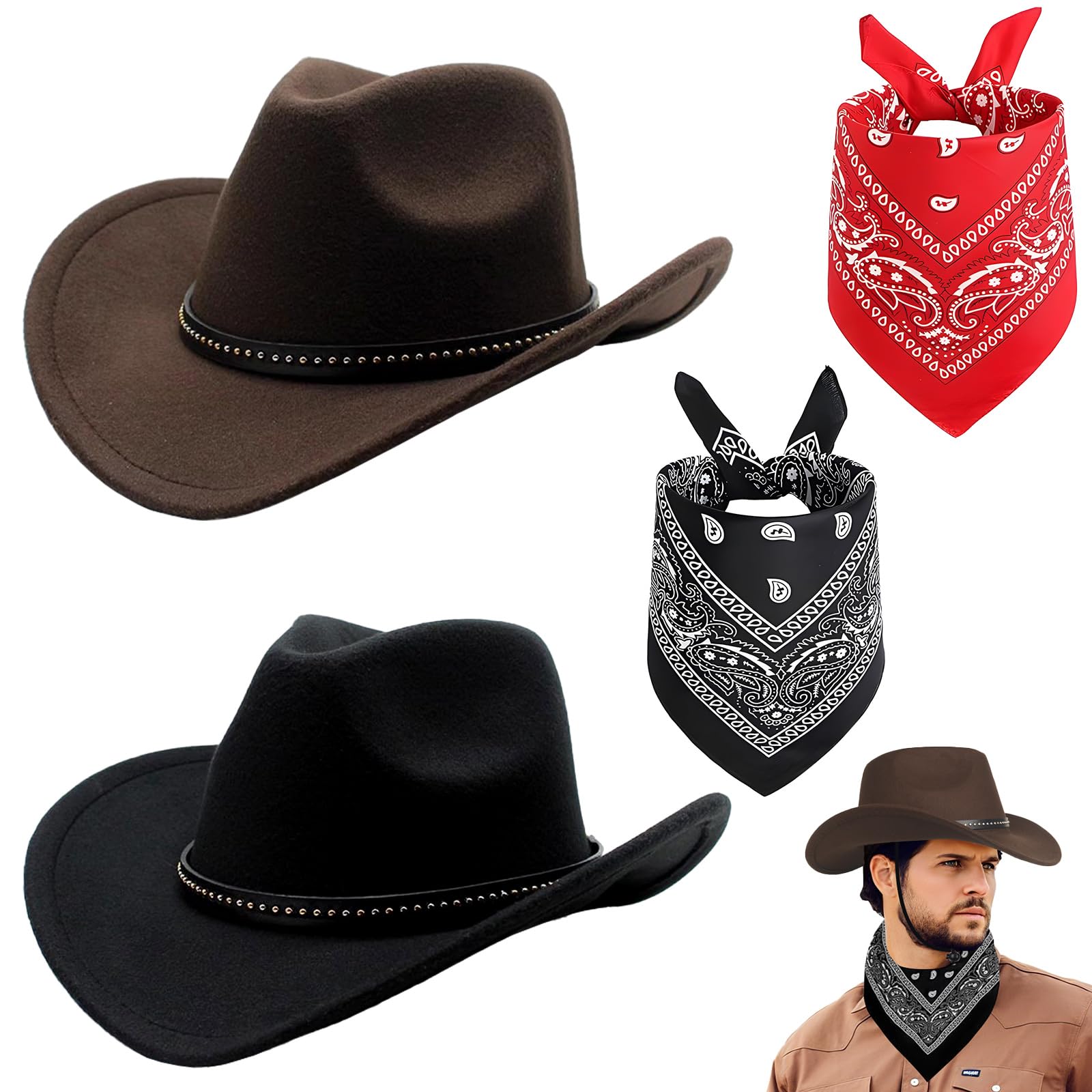 Dandin 4PC Cowboy Hats Black Brown Unisex, Cowboy Hat Women, Felt Western Hats & Bandanas, Texas Texan Western Fancy Dress Costume Accessories for Men, Women, Adults Wild West Party