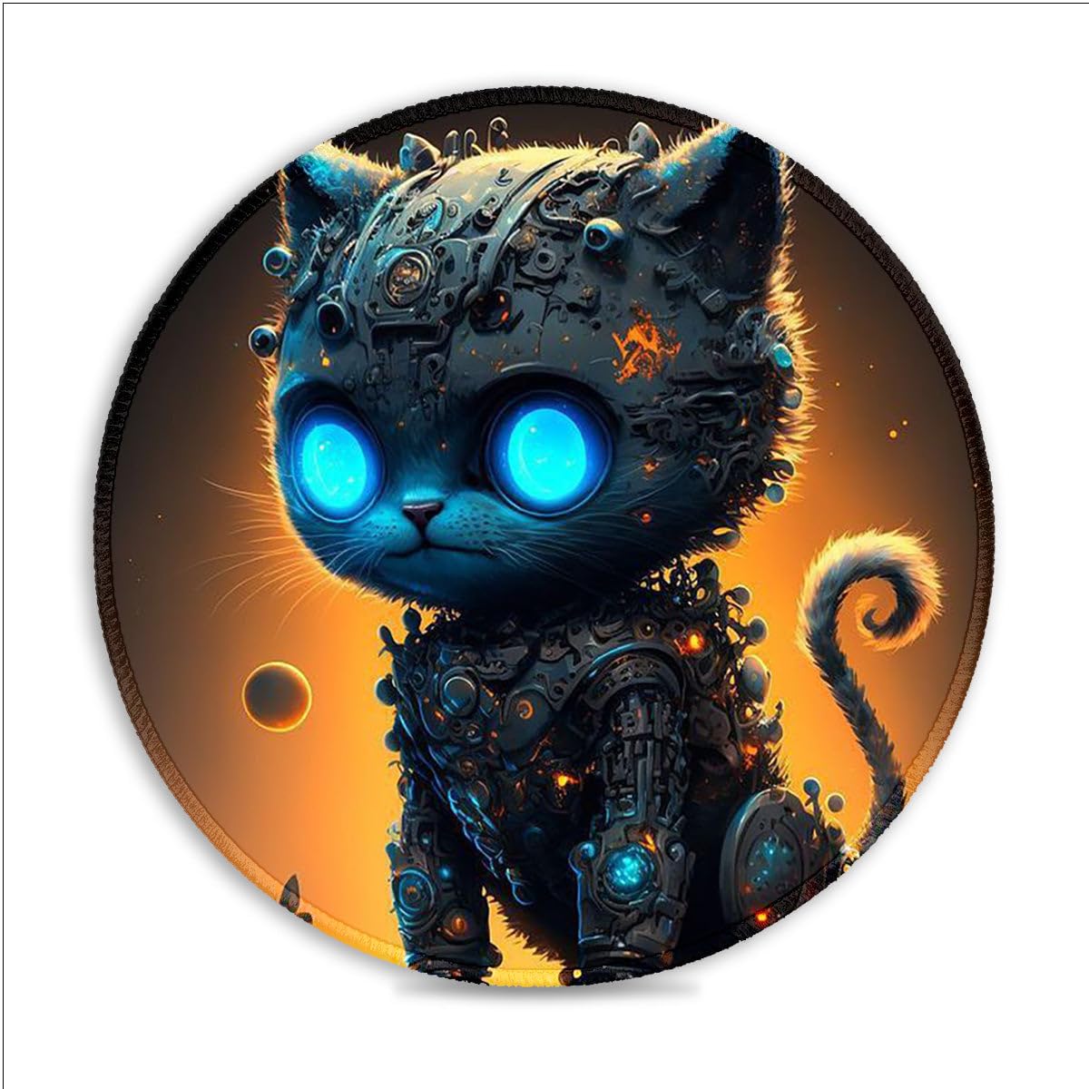 LJSPTU Alfombrilla de mouse para juegos con diseño de gato mecánico (8 pulgadas) para juegos, alfombrilla de ratón redonda de tela SU con costuras antideshilachado y base de goma para control de