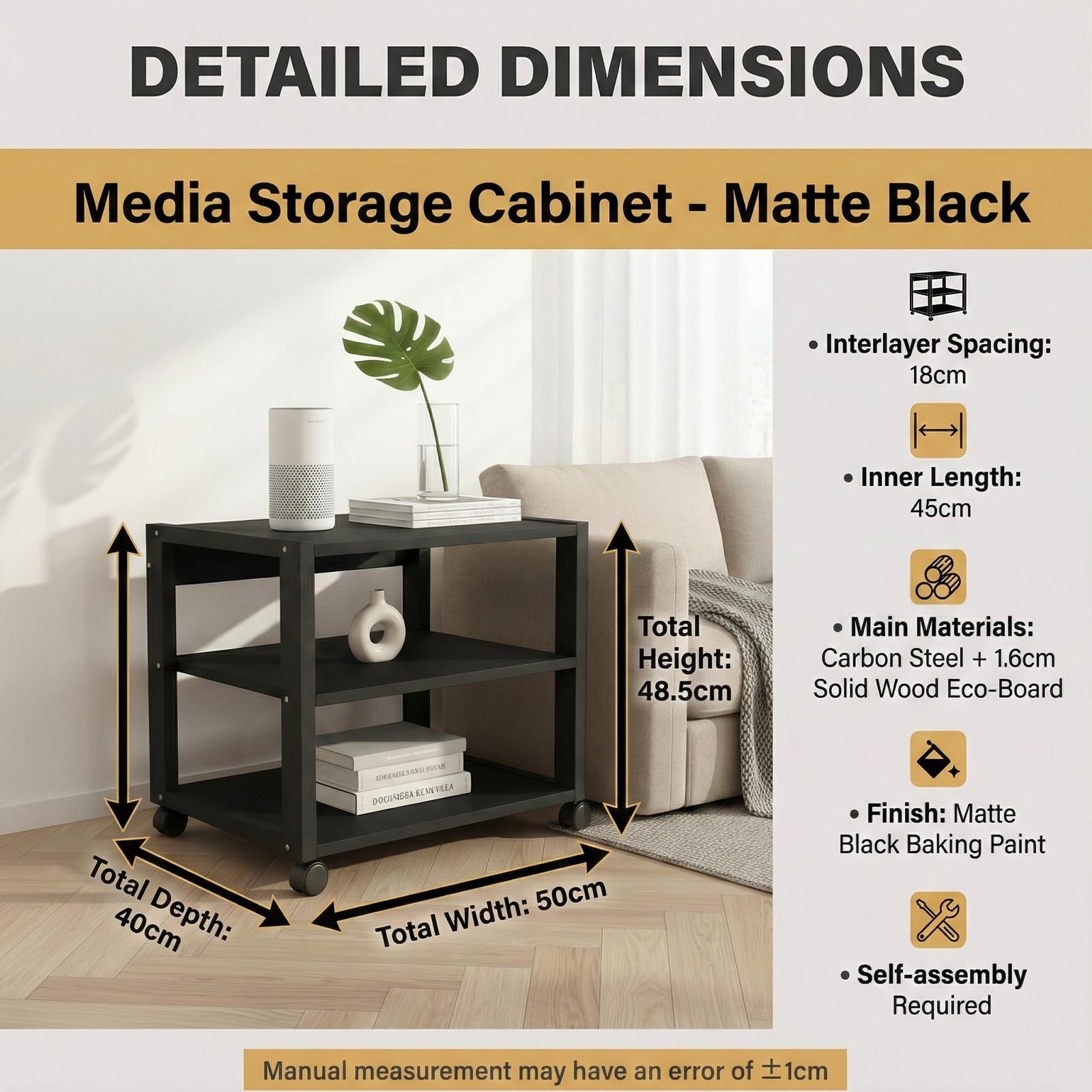 Mobile Hi-Fi Rack Audio con Ruote, Supporto Robusto a 3 Ripiani per Amplificatore, Giradischi e Stereo, Scaffale Porta Elettroniche in Metallo e Legno, Nero