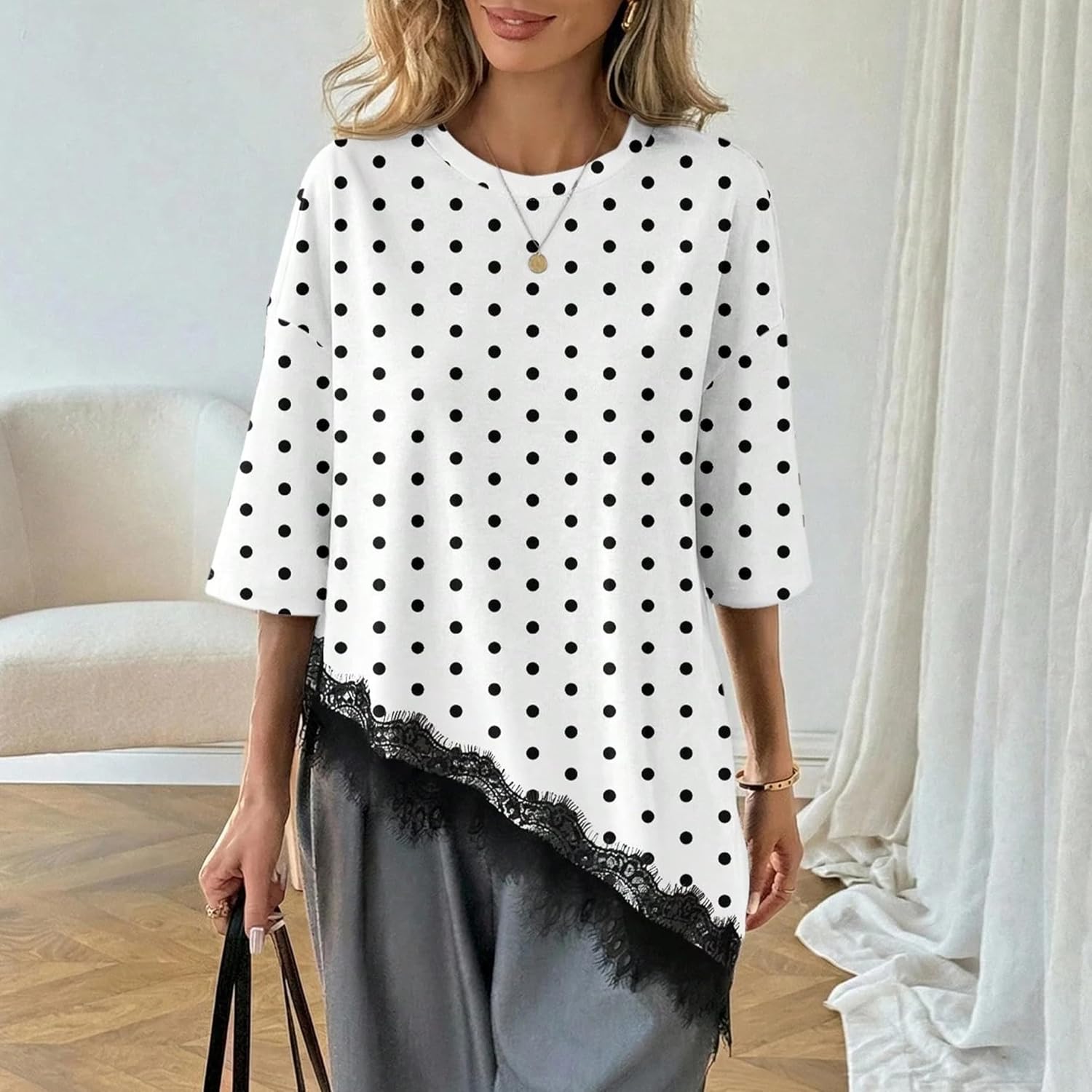 Womens Polka Dot Shirt Casual Crew Neck Asymmetric Lace Hem Tunic Top Summer Spring Vacation Beach Trendy Outfit
