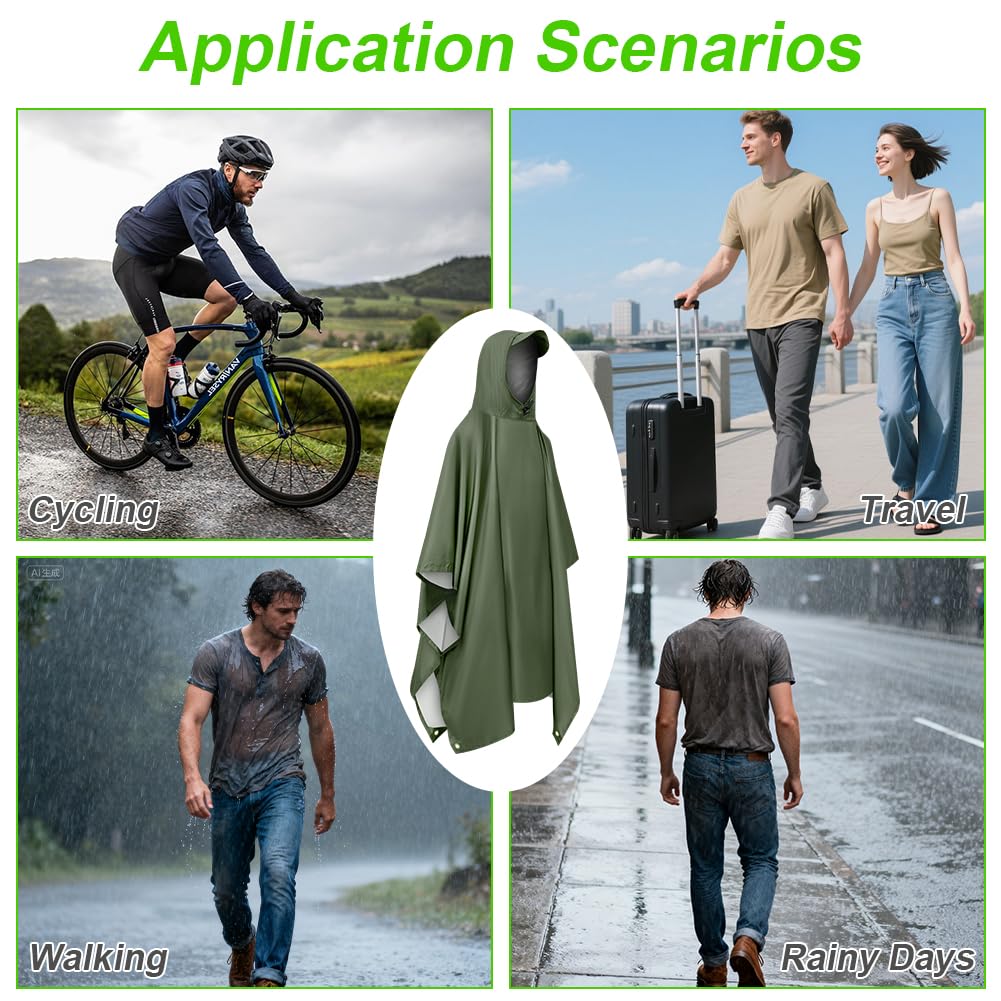 Vicloon Poncho de Lluvia Impermeable, Chubasquero con Capucha para Mujer Hombres, 3 en 1 Multifuncional Chubasquero Transpirable Ultrafino, Toldo Manta, Estera de Camping, Talla grande con Bolsa A