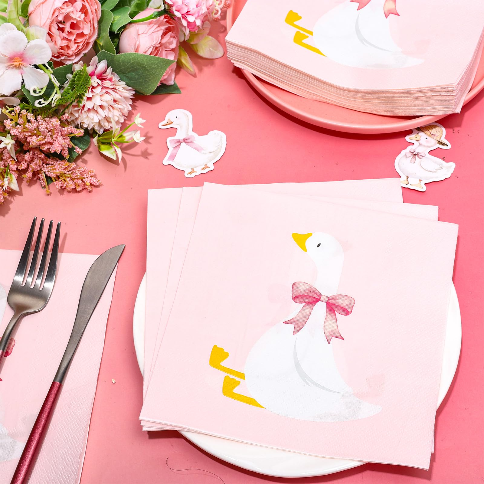 FYSUIMU 50 servilletas de papel de ganso tonto con lazo rosa, servilletas desechables para almuerzo, cena, para cumpleaños, baby shower, fiesta, suministros de mesa