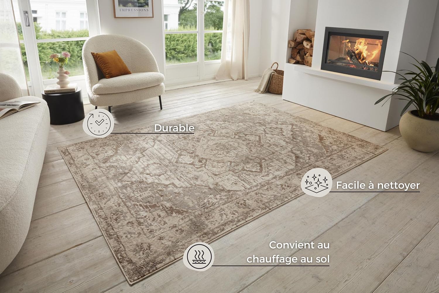 Tapis Salon Oriental, Tapis Vintage Style Oriental, Poils Courts et Motifs Traditionnels (Rania Beige, 200x280cm)