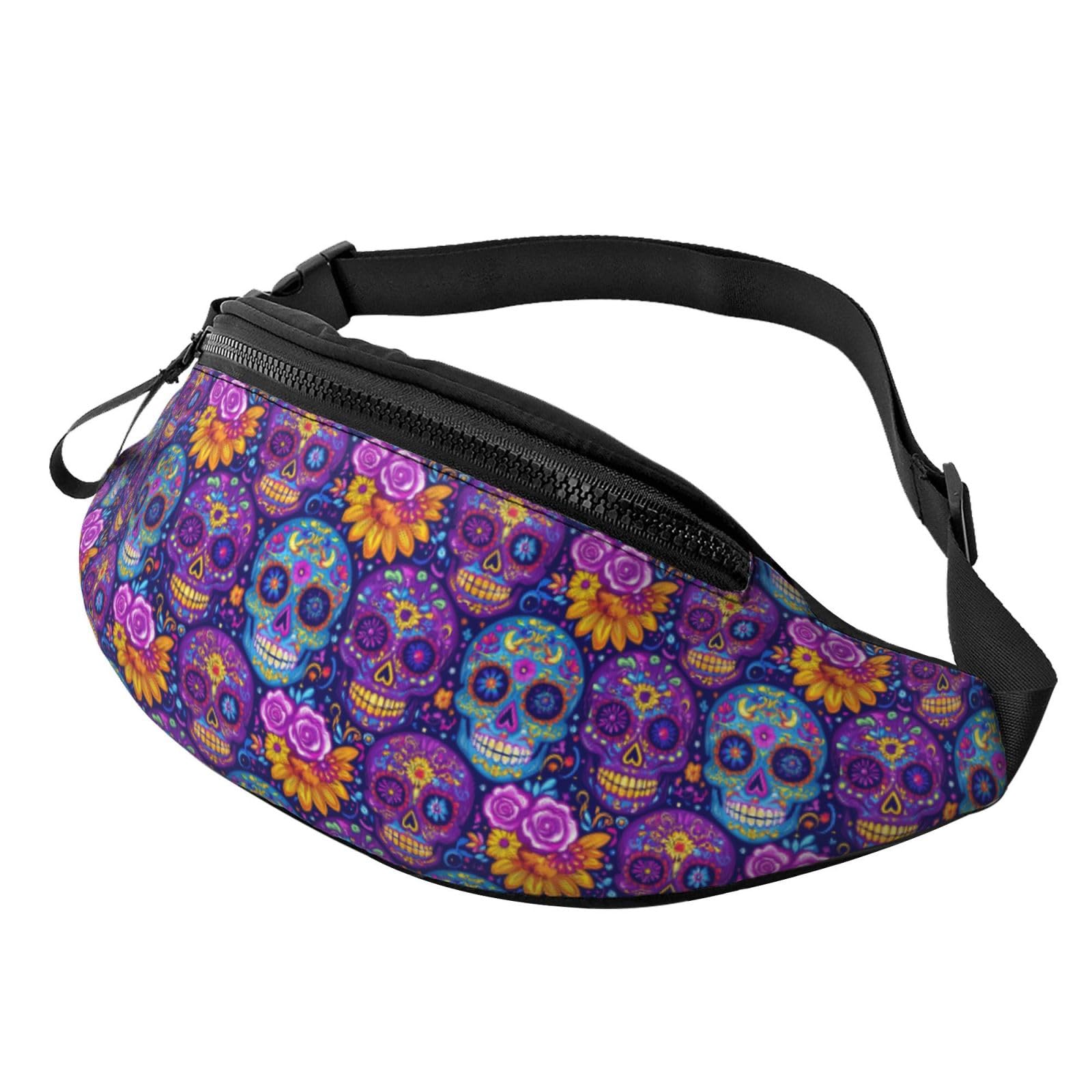 with Headphone Hole Bum Bag Sugar Skull Day of The Dead Flowers Bumbags Elegant Sports Waist Pouch for Hiking Fitness Women 14X35Cm