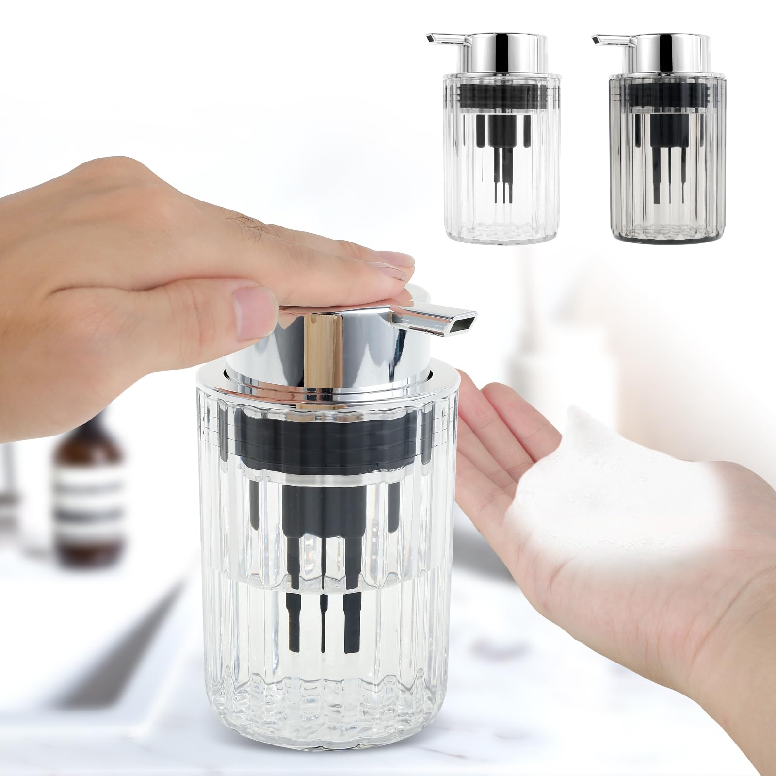 Foaming Soap Dispenser, Foam Hand Soap Dispenser with Silver Pump, Refillable Hand Soap Pump Dispenser, Delicate Foam Pump Dispenser, Lotion Foaming Soap Pump for Essential Oil Dish Soap (grey+silver)