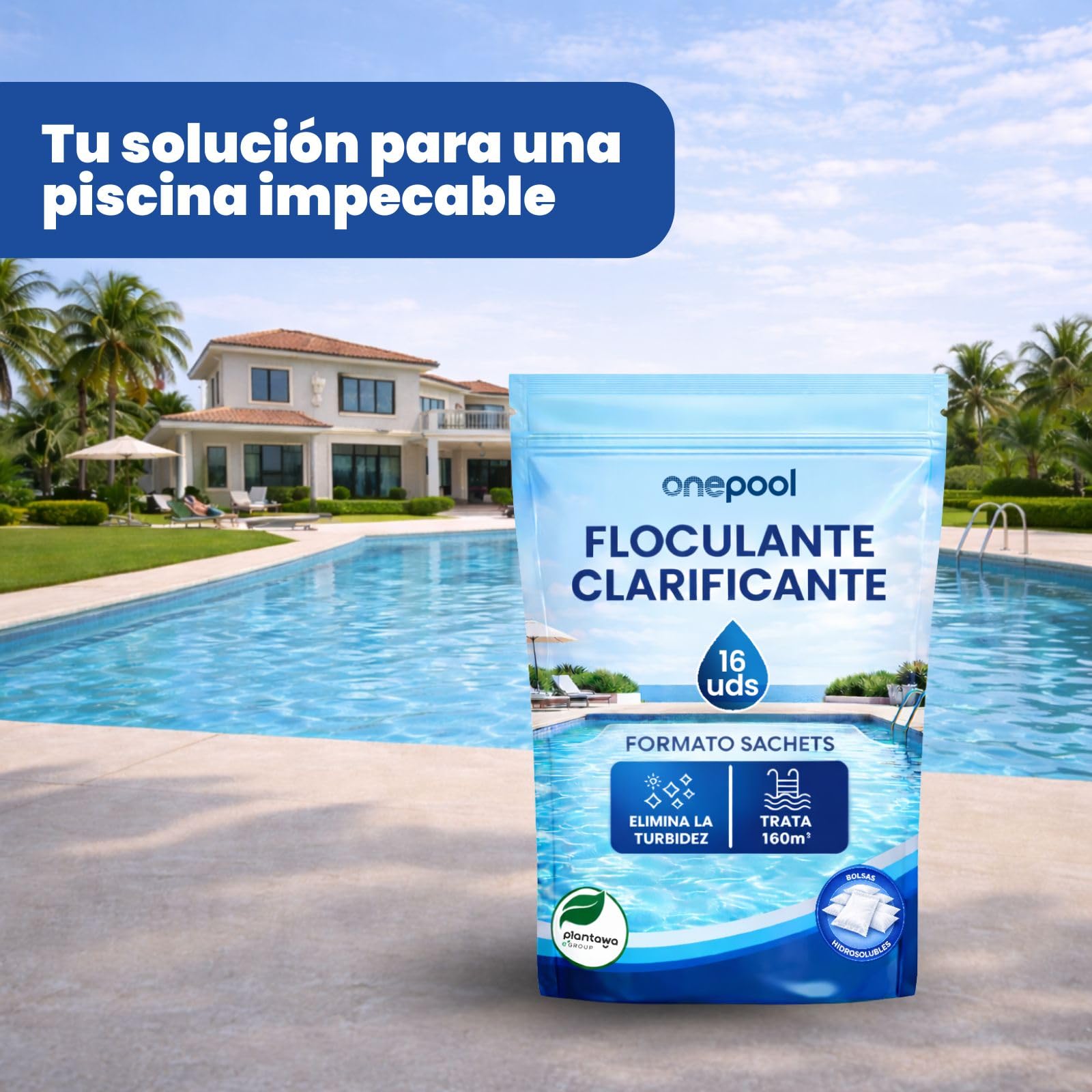 PLANTAWA Flocculante in polvere 16 bustine | Flocculante Chiarificante per Piscine, Equivale 2KG, Eliminatore Turbidità, con Ingredienti Origine Naturale, Vegano, Tutti i Tipi Piscine, SPA
