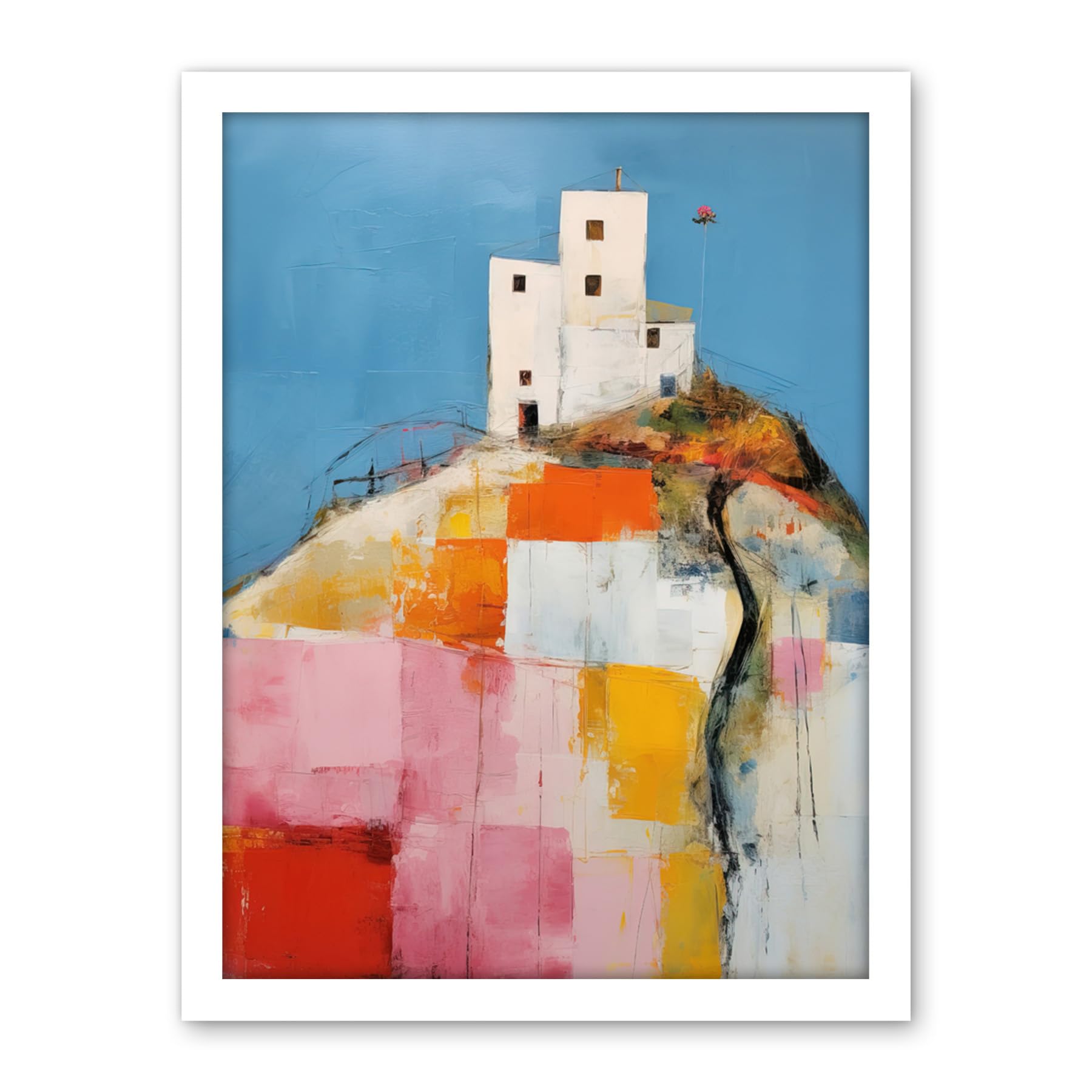 Artery8 House on the Hill Oil Painting Abstract Geometric Patchwork Palette Knife Pastel Colour Rural Landscape Artwork Framed Wall Art Print 18X24 Inch