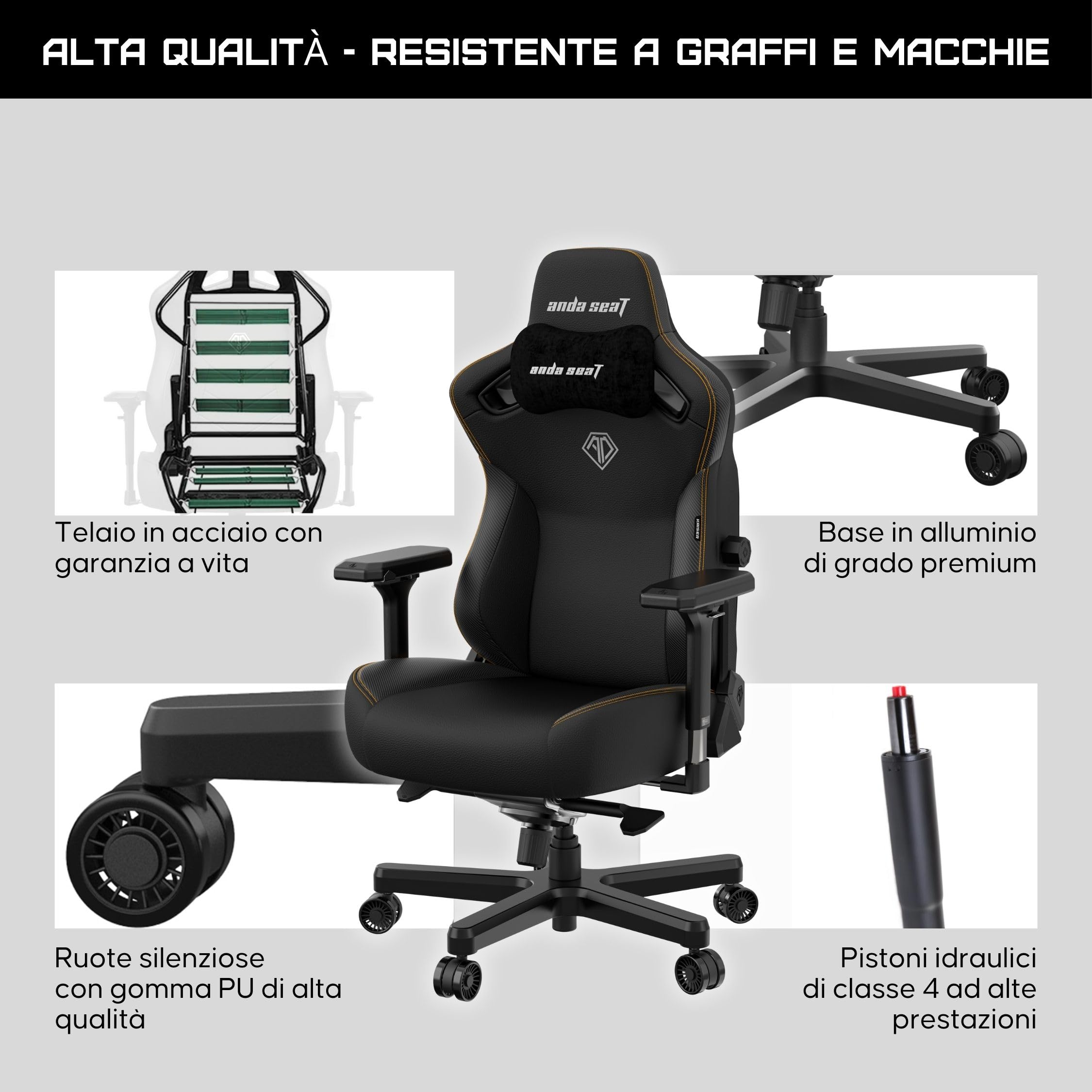 Anda Seat Kaiser 3 Large Sedia gaming Ergonomica per adulti - in Similpelle, con Supporto Lombare e Braccioli Regolabili 4D, Poltrona Gaming Reclinabile e Comode, per Ufficio o casa, Nero