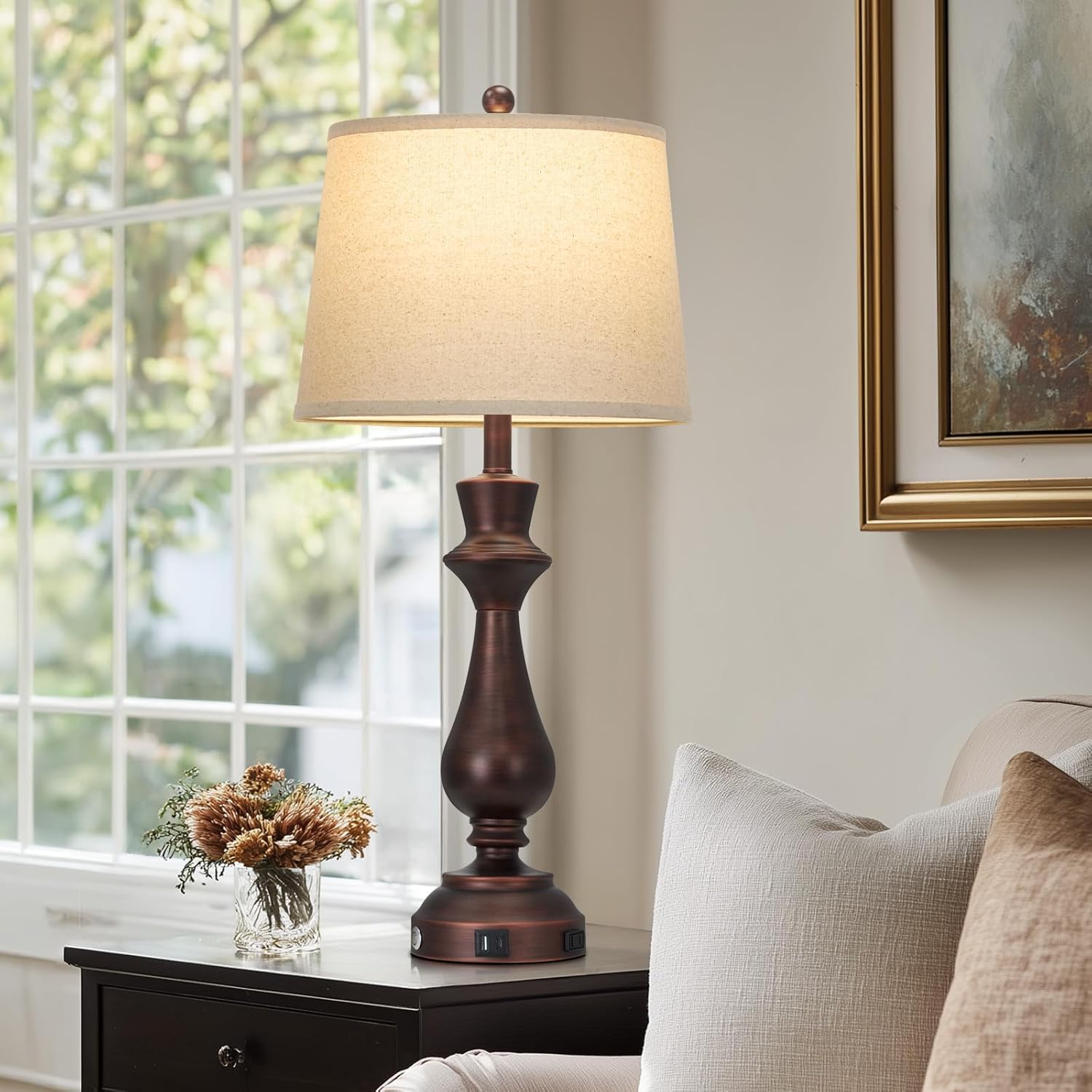 Touch Lamps for Night Stand- 29.5" Tall Bedside Lamp with USB C+A, 3 Way Dimmable Bedroom Lamps, Vintage Brown Table Lamps for Living Room,Single Brown