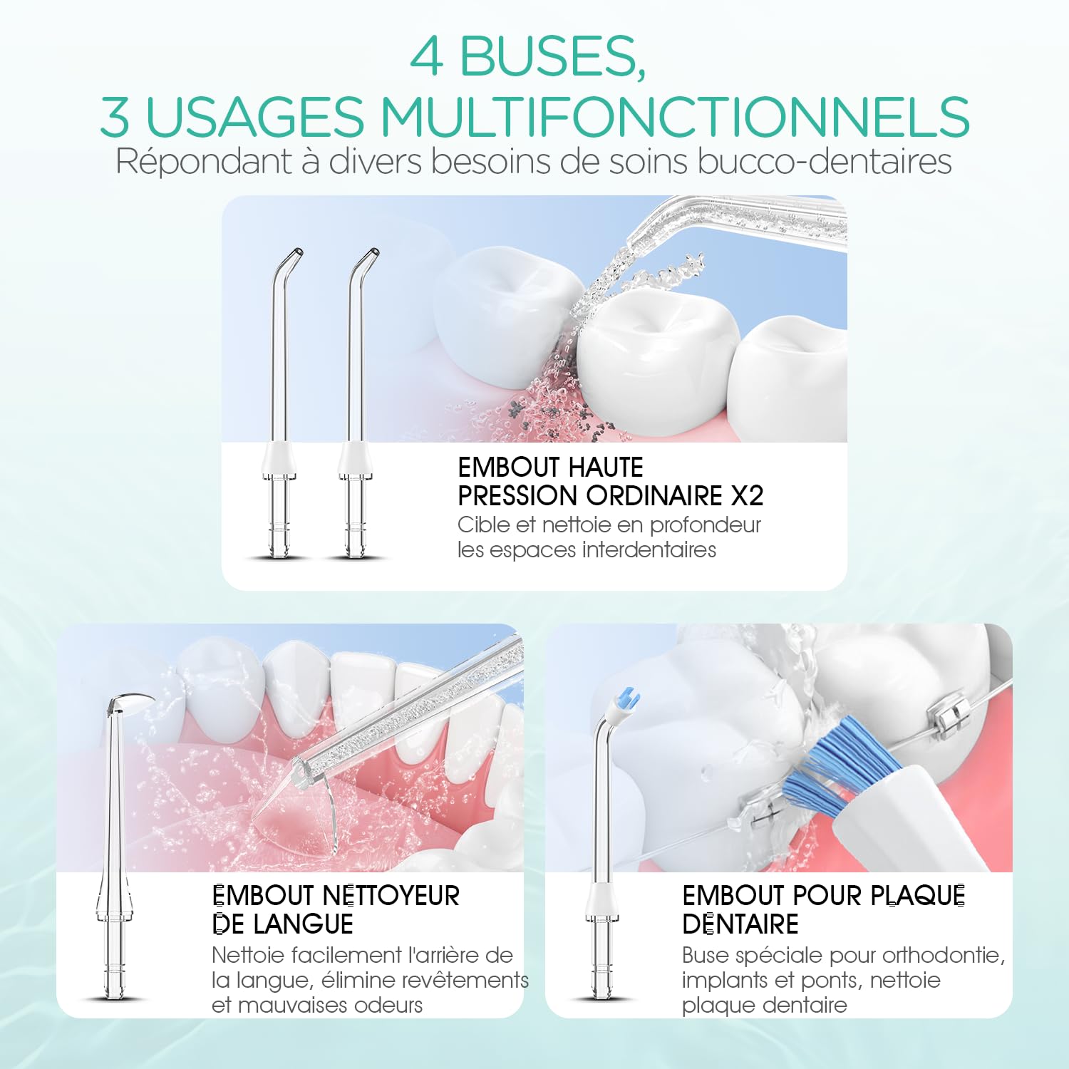 VOYOR-HEALTH Jet Dentaire Hydropulseur Portable et Irrigateurs Oral WF400 | Nettoyage en profondeur, Water Flosser, 4 Buses, Rechargeable par USB, Étanche IPX7, Maison et Voyages