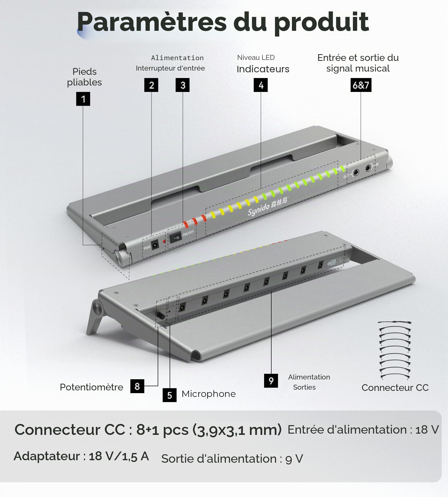 Vangoa Pédalier de guitare avec alimentation isolée intégrée, VPPD-S Petit pédalier de guitare électrique portable et pliable en aluminium avec sac de transport, 1,3kg, gris