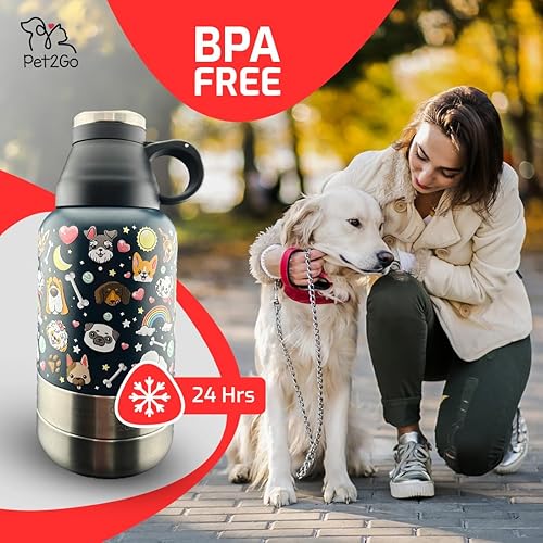 Miniatura 12 de Botella de agua de viaje para perros de 32 onzas con soporte para golosinas y cuencos desmontables  Dispensador de acero inoxidable portátil aislado