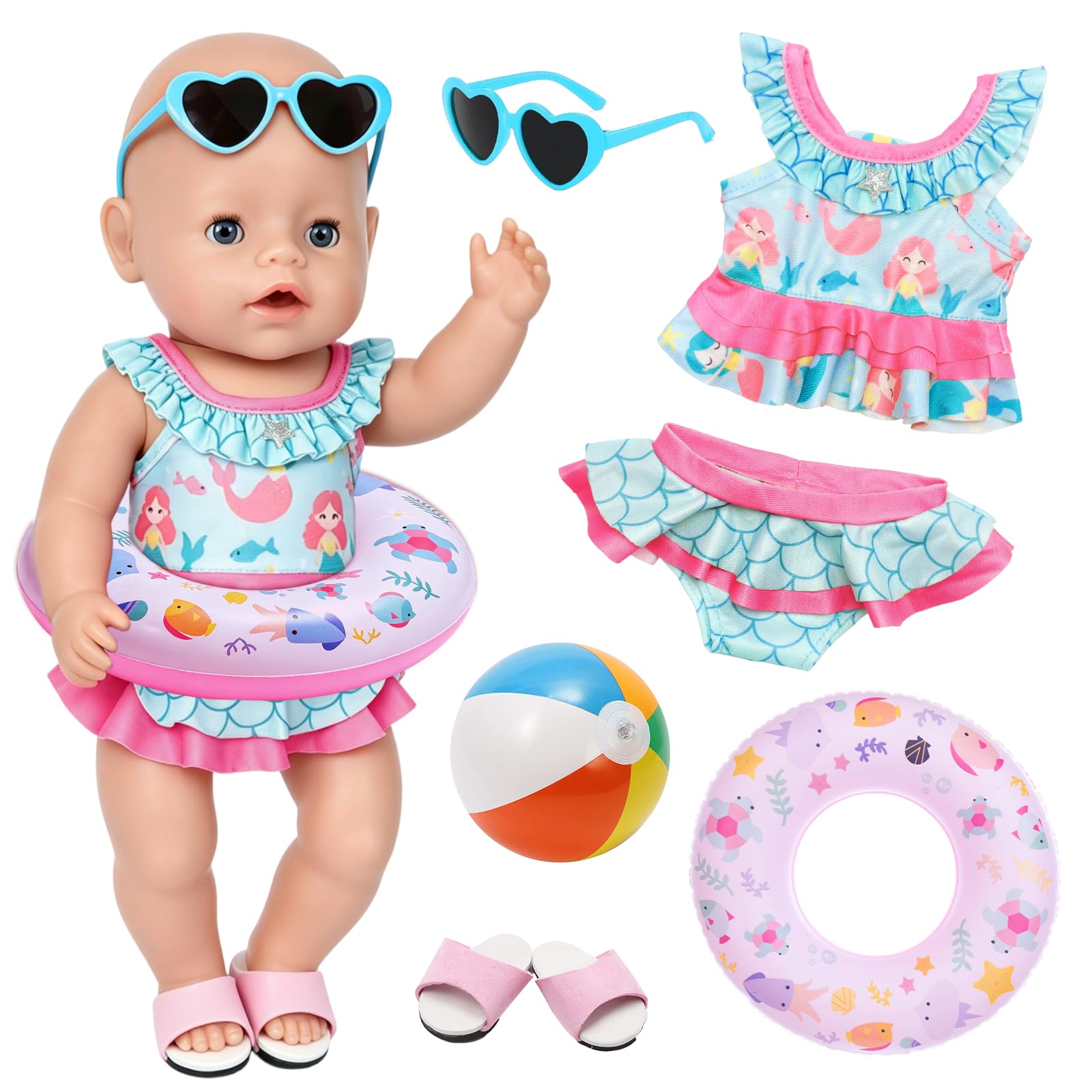 6 Pcs Baby Doll Clothes Swimsuits for 14-17 Inch Baby Doll, Blue Mermaid Outfit with 1 Mermaid Swimwear 1 Inflatable Swimming Ring 1 Ball 1 Shoes 1 Heart Sunglasses, 35-45 cm Summer Doll Accessories