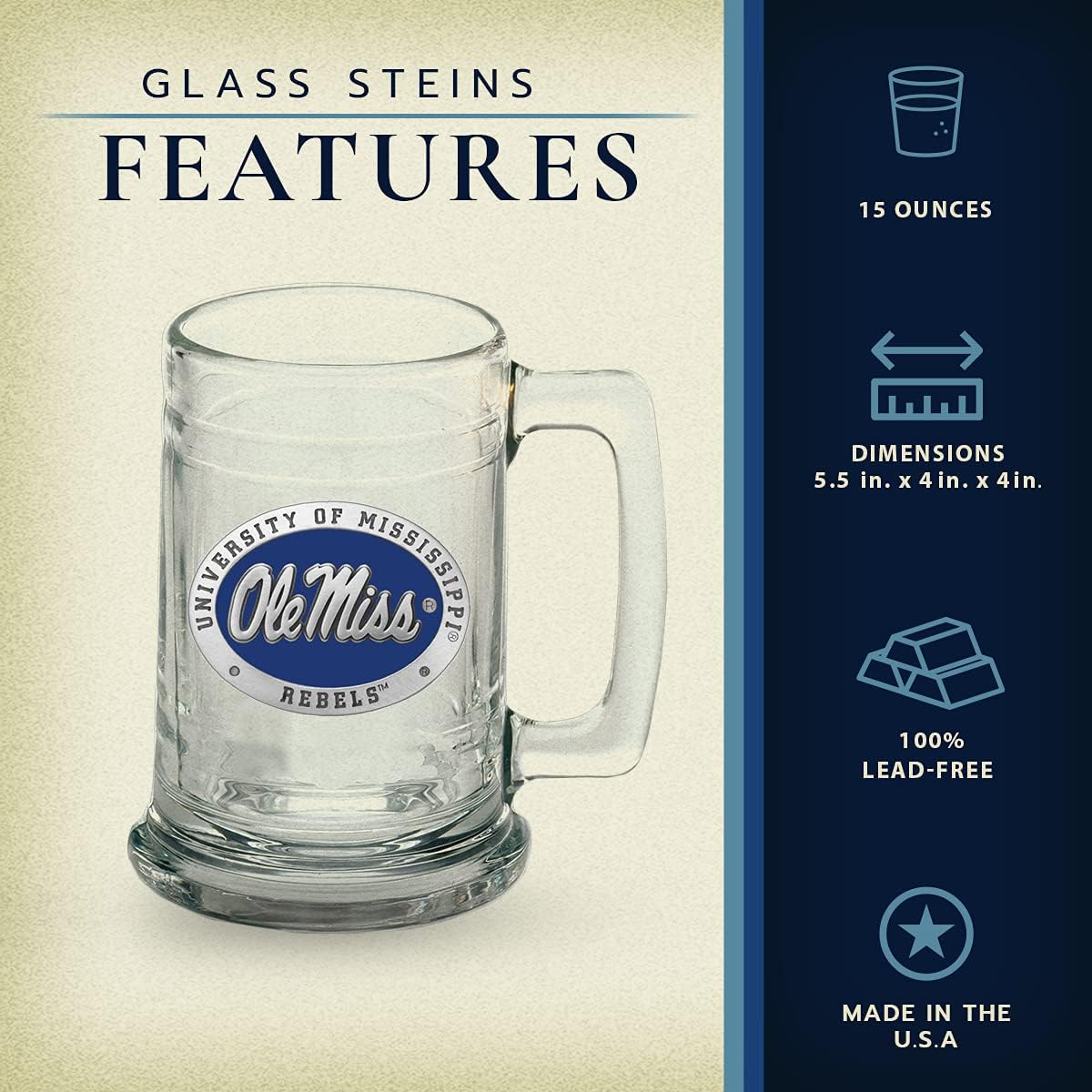 Heritage Pewter Ole Miss Beer Stein Glass | 15 Ounce German-Style Beer Glass | Intricately Crafted Metal Pewter Alma Mater Inlay
