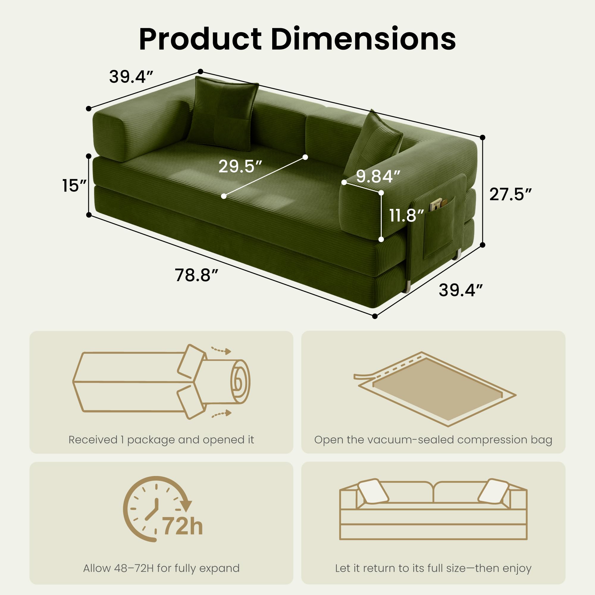 Convertible Corduroy Sofa Bed Features