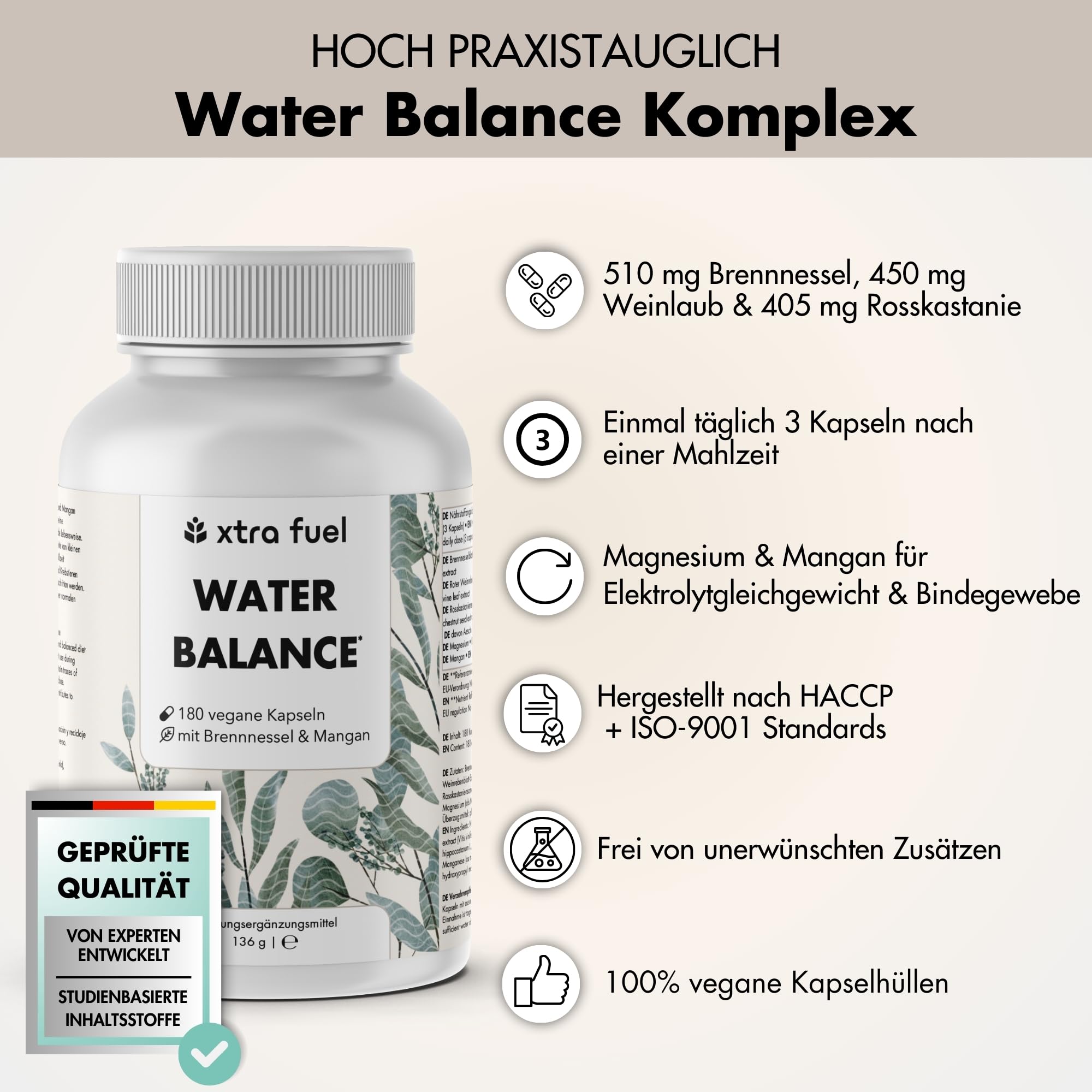 Water Balance Komplex - 180 vegane Entwässerungstabletten hochdosiert für Bindegewebsbildung – Brennnessel Kapseln mit rotem Weinrebenblatt, Rosskastanie, Magnesium & Mangan - vegan & laborgeprüft