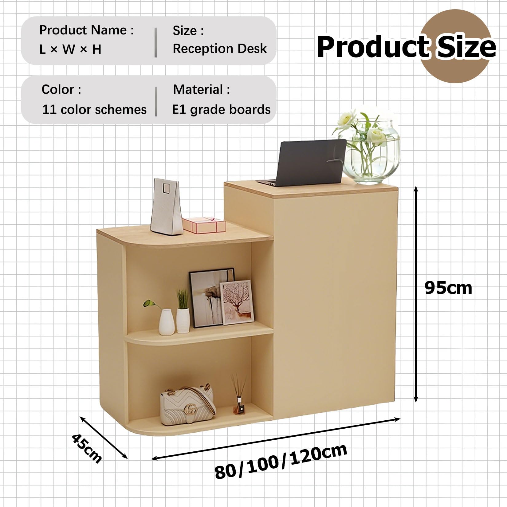 Moderno escritorio de recepción con estante de exhibición, elegante mostrador para pequeñas tiendas, hoteles, vestíbulos, spas y barberías, diseño funcional, 80 x 45 x 95 cm, solución para ahorrar