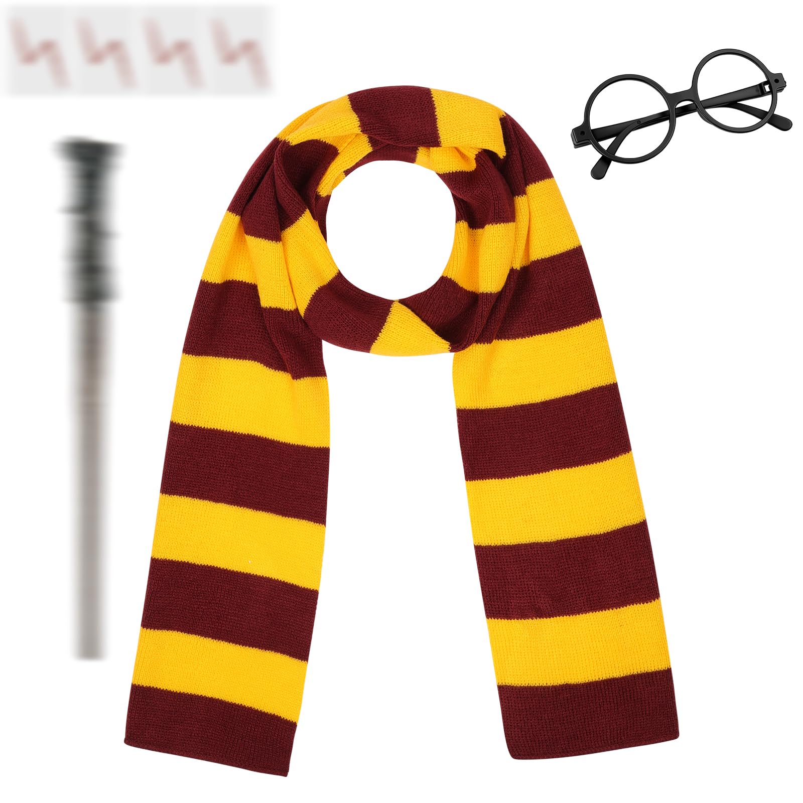 Aomig Wizard Costume Accessories Set Red and Gold Wizard Stripe Scarf Glasses Magic Wand Sticker, School Uniform Neckties Retro Glasses Set for Halloween Christmas Fancy Dress Costume Accessory โ image 1