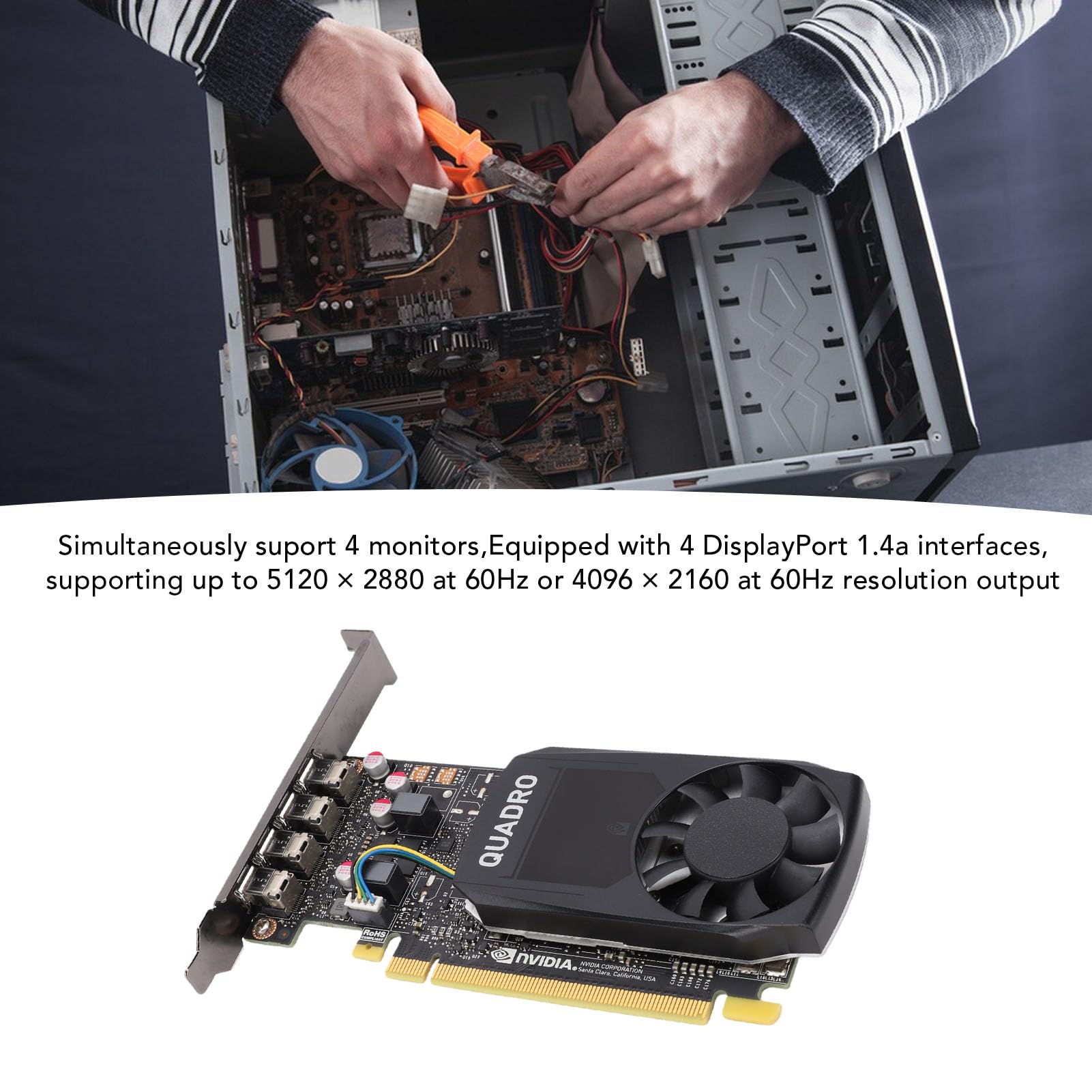 VBESTLIFE Karta Graficzna 4 GB GDDR5, 640 Rdzeni, 4 Wyjścia DisplayPort 4K z Renderowaniem Przyspieszanym Przez GPU, do Modelowania 3D i Edycji Wideo na Stacjach Roboczych