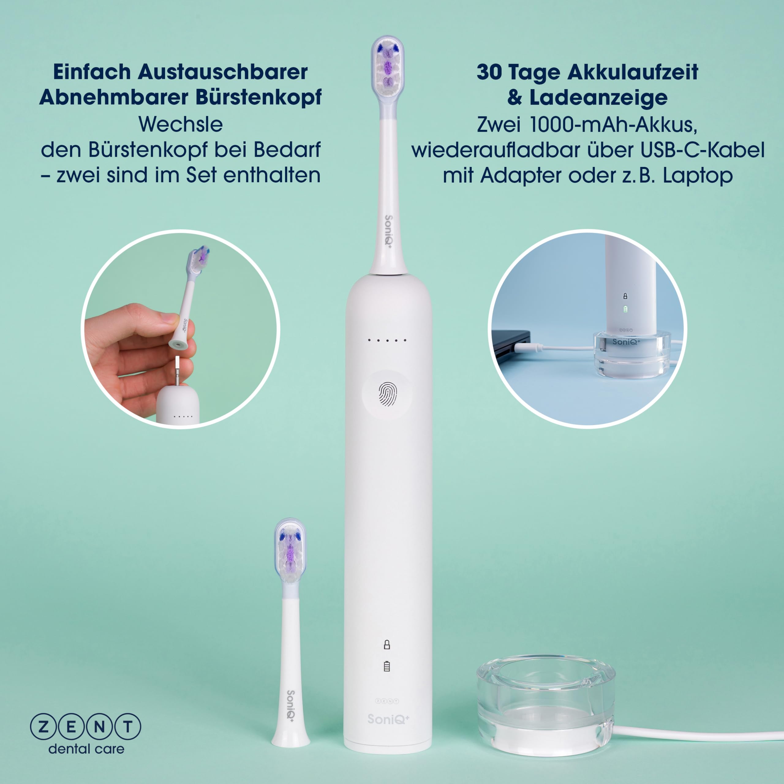 ZENT SoniQ+ Schallzahnbürste 2in1 für empfindliche Zähne Weiß | Die Zahnbürste bietet 60°-Rotationsbewegung, 5 Reinigungsmodi, IPX7 Wasserdichtigkeit und Induktionsladegerät