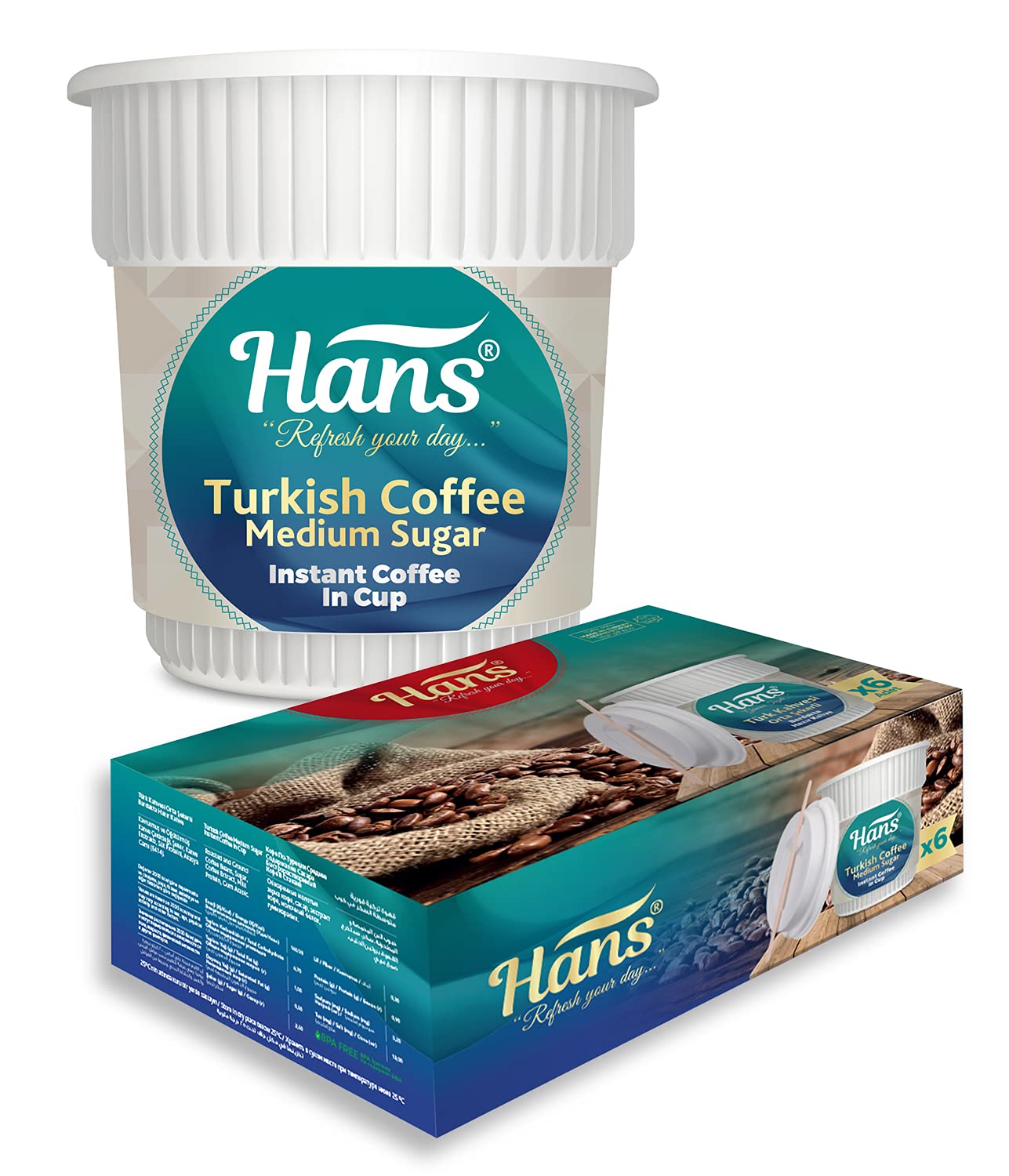 Hans Turkish Instant Coffee Medium Suger in Cup, 6 Cups Box
