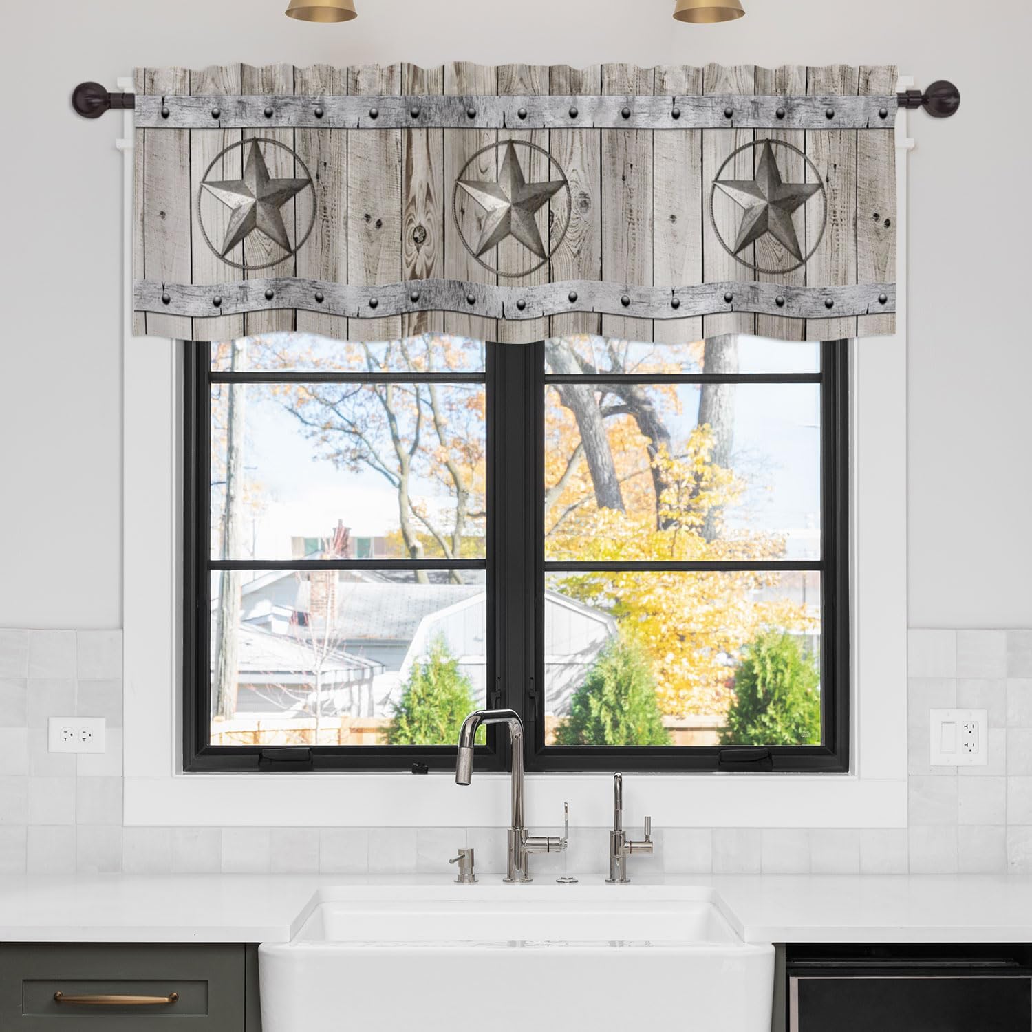 Western Country Star Valance Curtains for WindowsRustic Wooden Barn Door Modern Rod Pocket Decorative Window Valance for Kitchen Bathroom Bedroom Living Room Closet, 54x18 Inch - Image 2