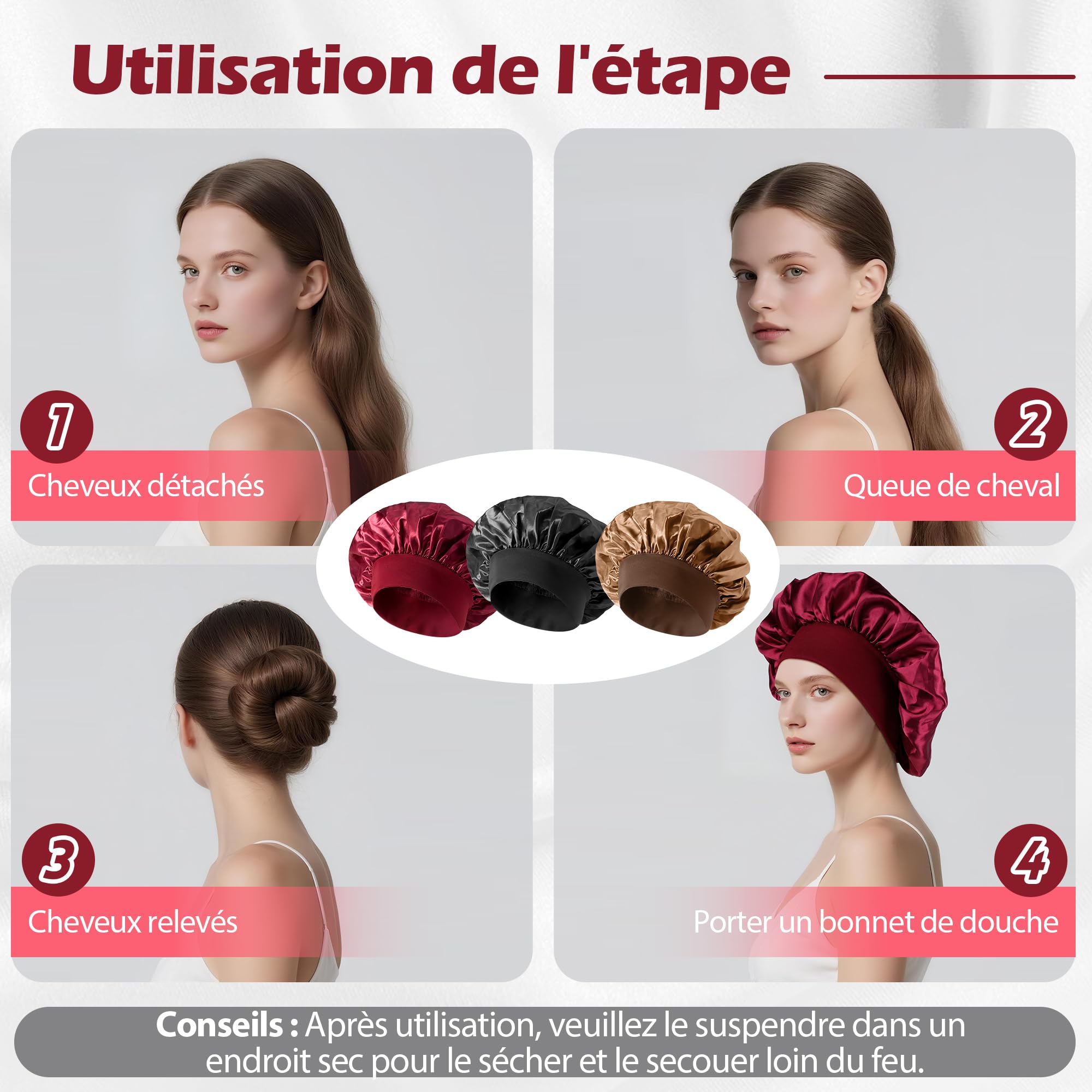 Bonnet Satin Cheveux Nuit Set, 3 Bonnets de Nuit avec 3 Élastiques Noirs, Bonnet en Satin pour Cheveux Longs et Courts - 5