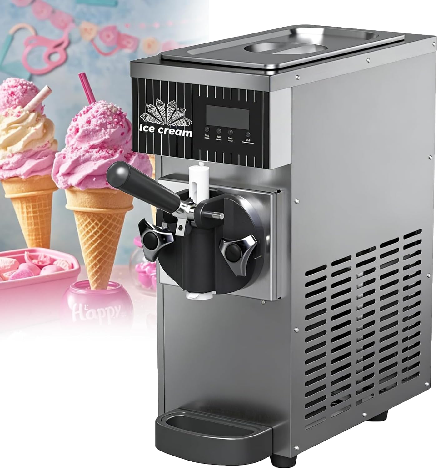 Flavor Commercial & Home Soft Serve Ice Cream Maker, 4-5kg/H, LCD Touch Panel, Auto Clean, Pre-Cooling System, Countertop Ice Cream Maker Metallic Silver-750w