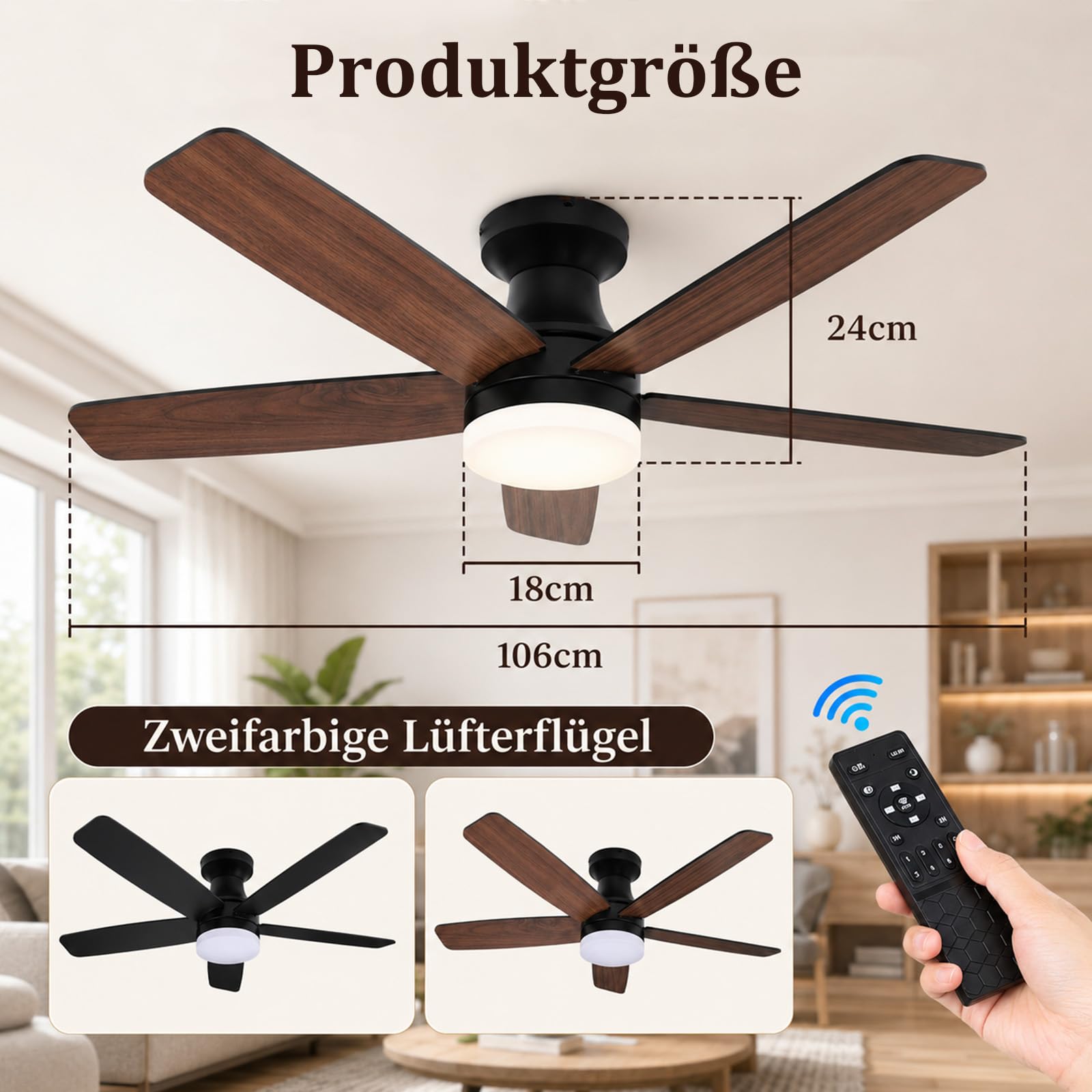 Smarter Deckenventilator mit Beleuchtung 106 cm, App & Fernbedienung, 3 Farbtemperaturen, 6 Stufen, Reversible Flügel, 30dB Leiser DC Motor DeckenleuchteDimmbare LED, für Schlafzimmer & Wohnzimmer
